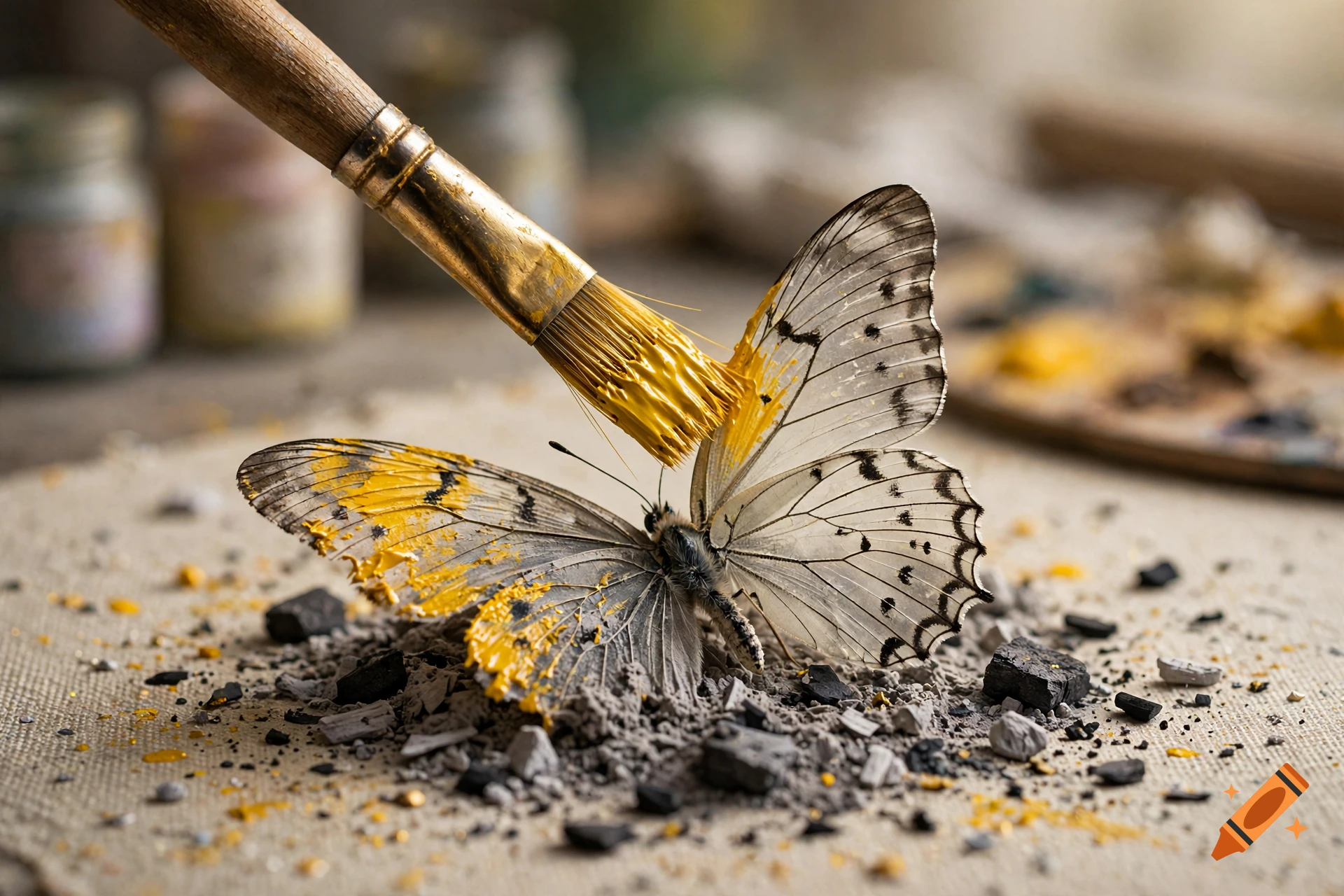 A close-up photorealistic image of a paintbrush painting a yellow-spotted butterfly rising from ashes on a canvas.