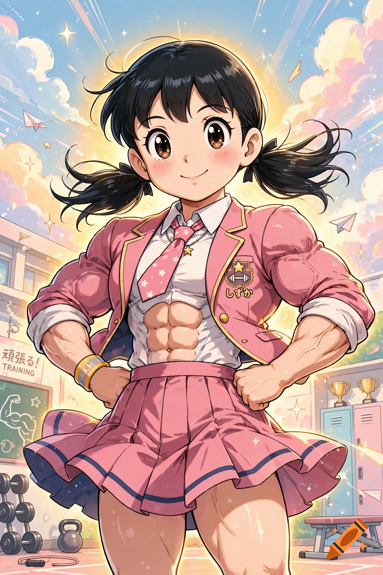 Anime style illustration of a muscular schoolgirl in a pink uniform posing proudly in a gym with weights in the background.