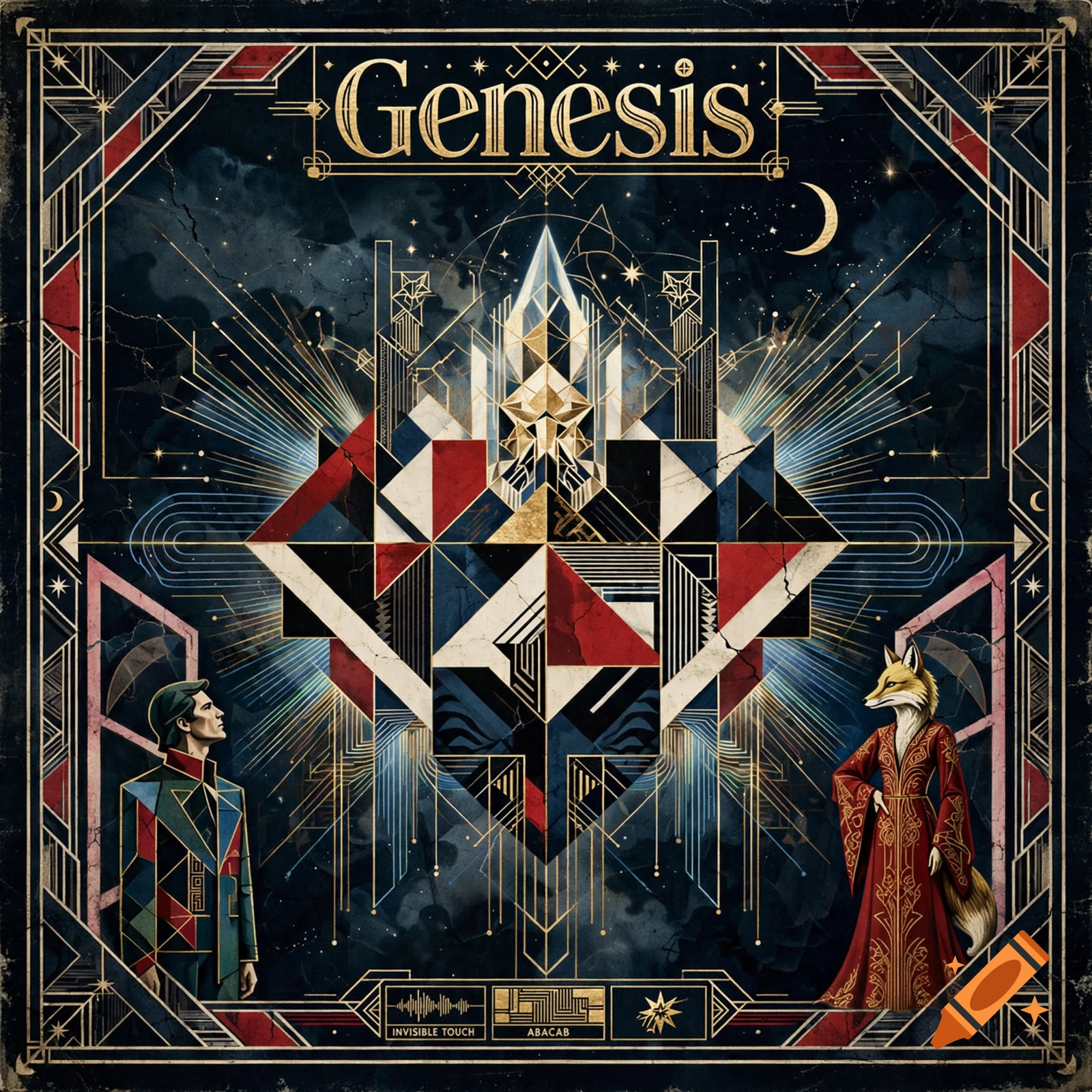 Artistic album cover featuring geometric shapes, a man on the left, a fox-human hybrid on the right, and the word Genesis at the top.