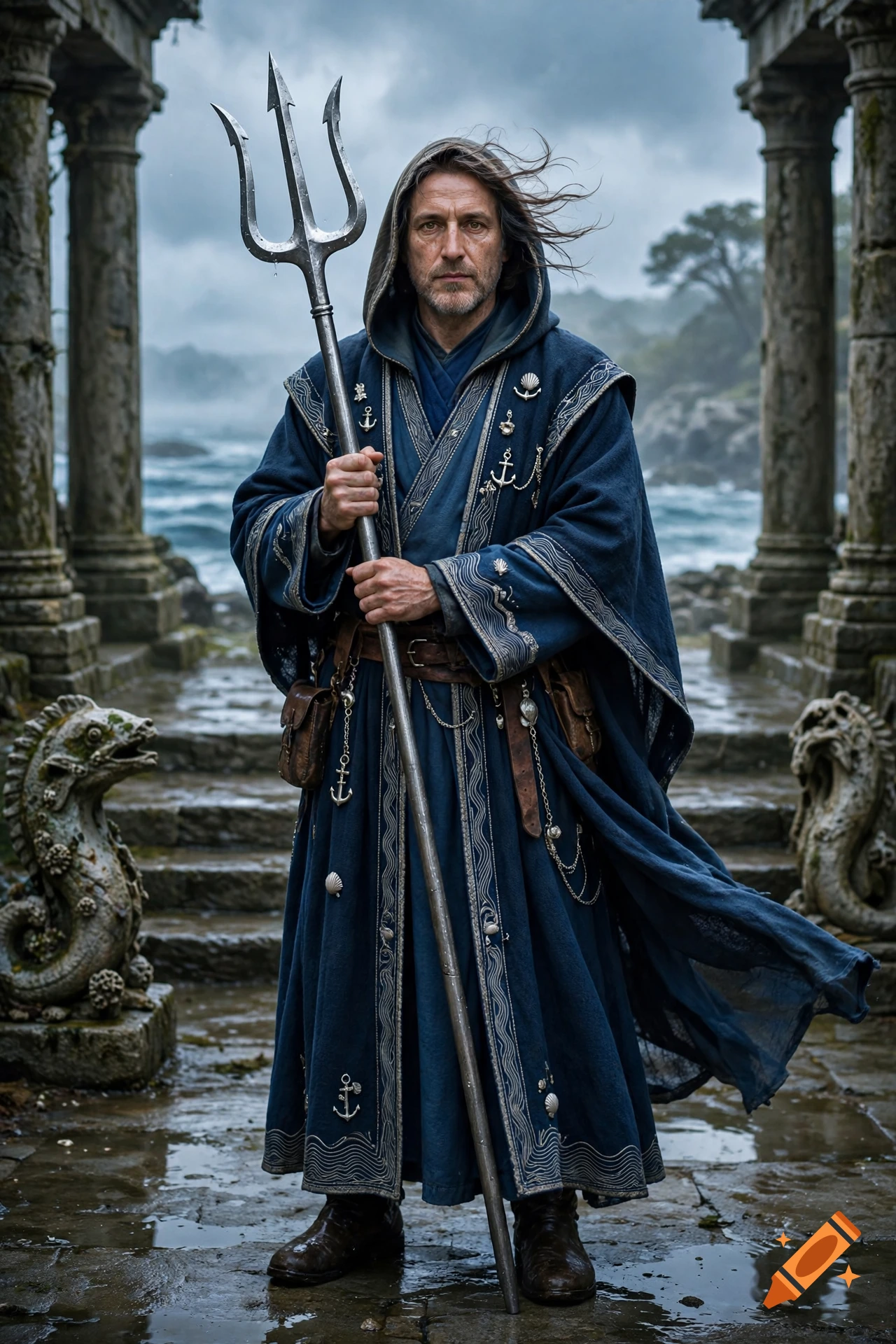 Photorealistic image of a cloaked cleric holding a trident standing in ancient ruins by the sea.