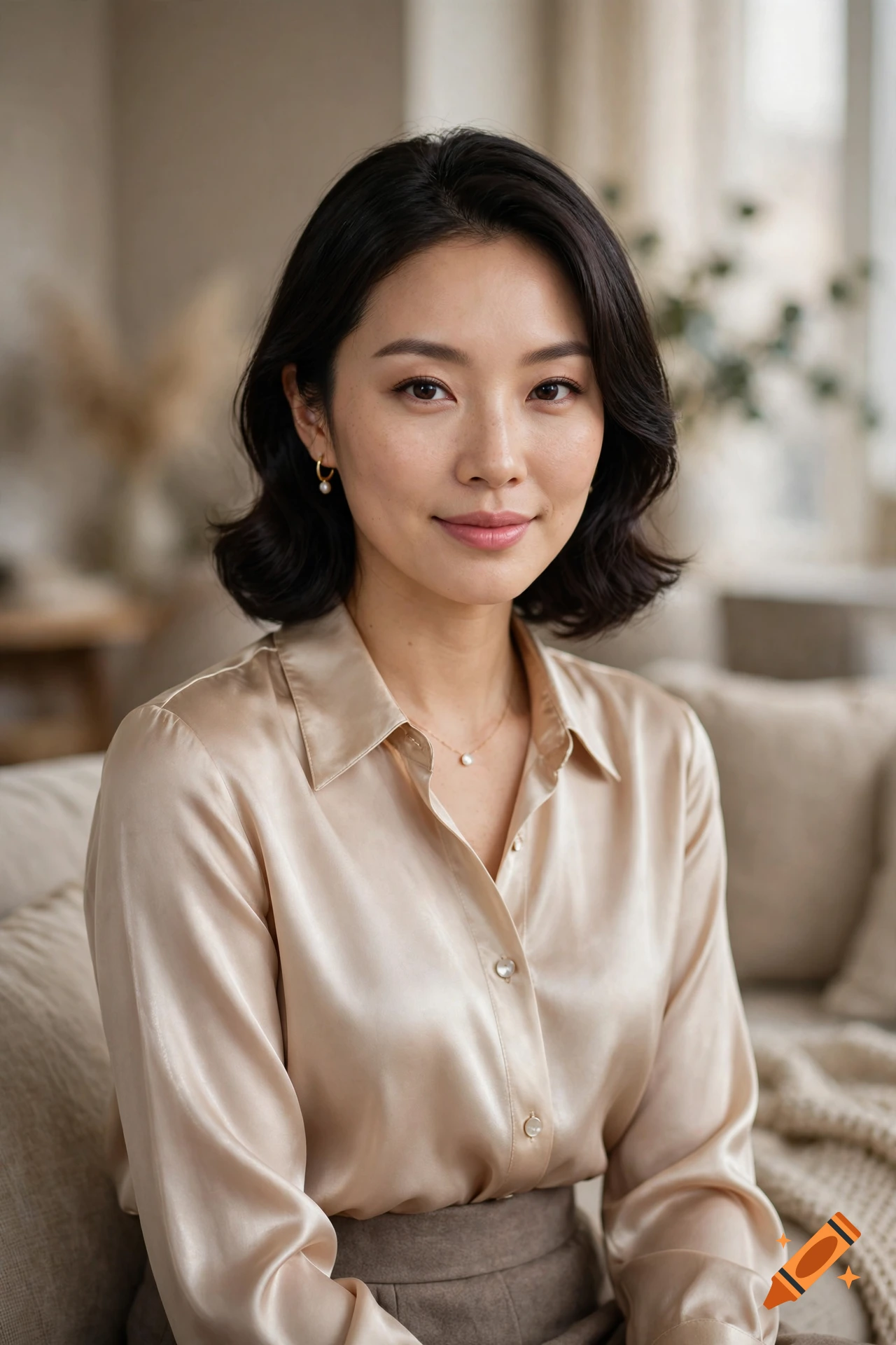Photorealistic portrait of an Asian woman with short dark hair wearing a silky beige button-up shirt in an interior setting.