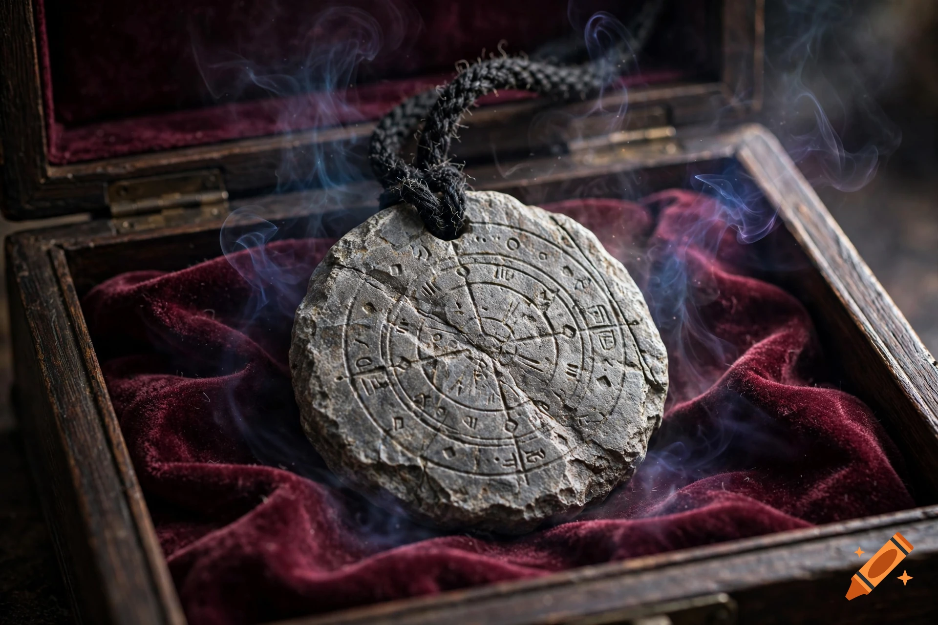 A close-up photorealistic shot of an ancient stone cultivation badge with runes, hanging on a black cord inside an open velvet box.