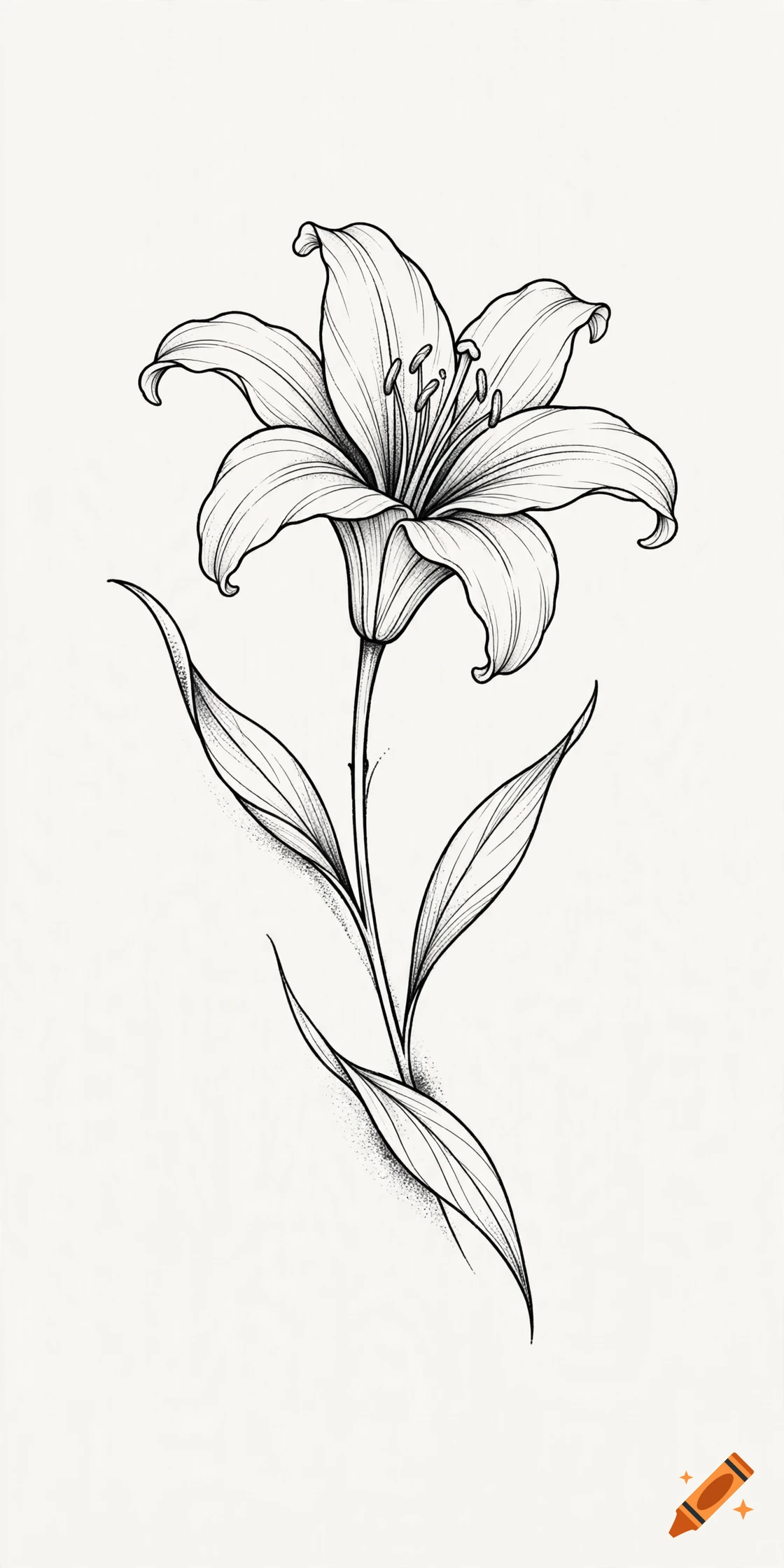 Black and white ink drawing of a lily flower with stem and leaves in a stippling style.