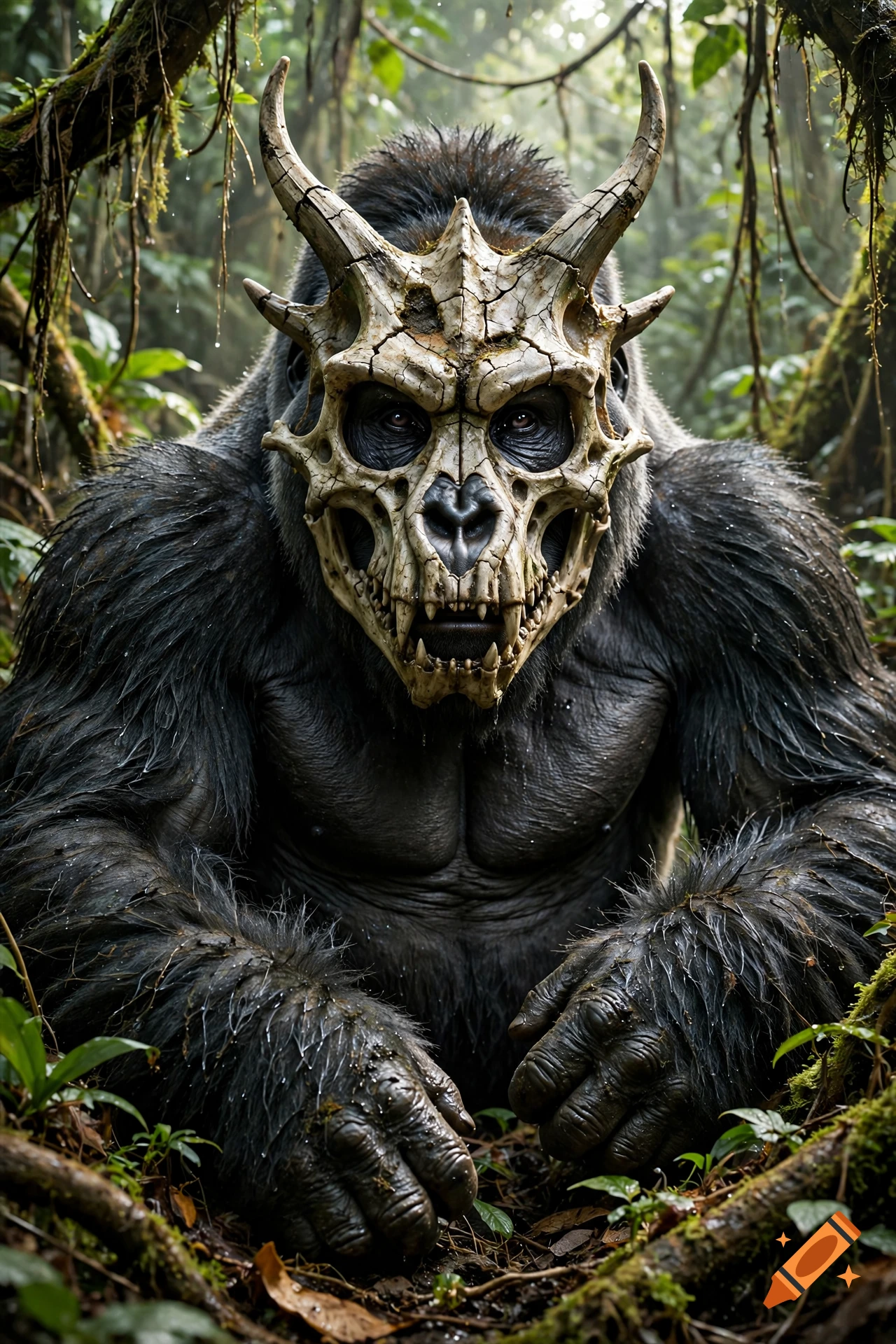Photorealistic close-up of a gigantic gorilla in a jungle wearing a cracked dragon skull mask.