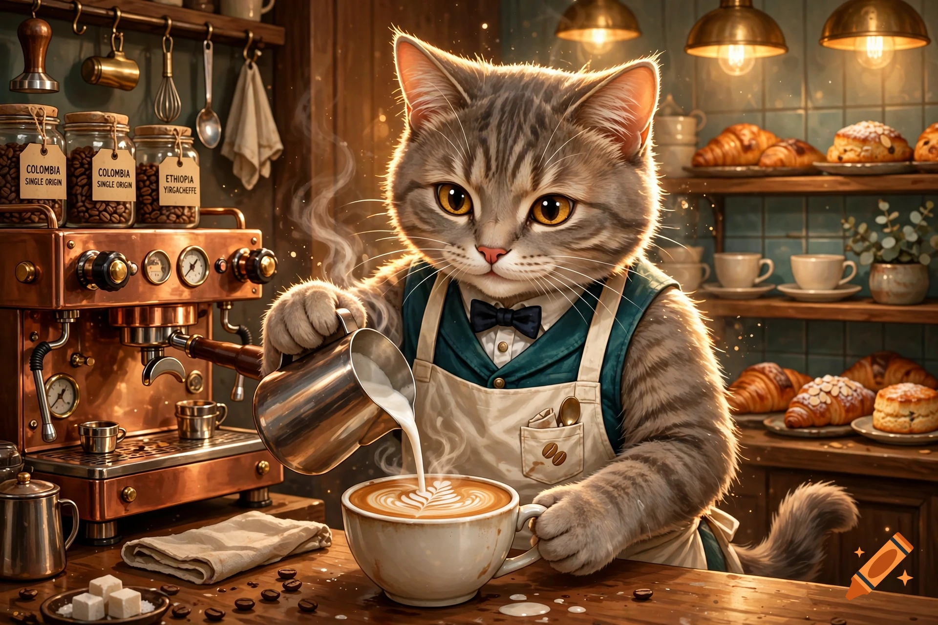 A stylized, photorealistic image of a tabby cat dressed as a barista, pouring milk into a coffee cup with latte art in a cozy cafe.