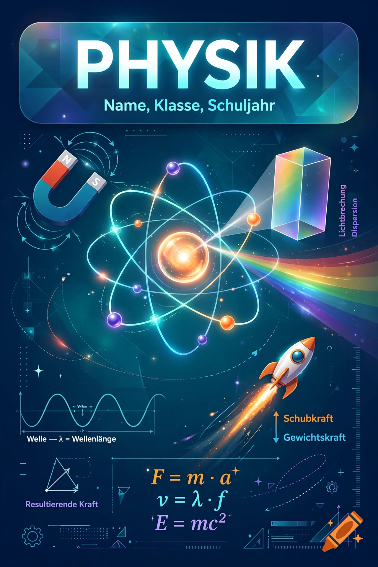 Digital illustration of a physics notebook cover with a glowing atom, formulas, and scientific icons on a dark blue background.