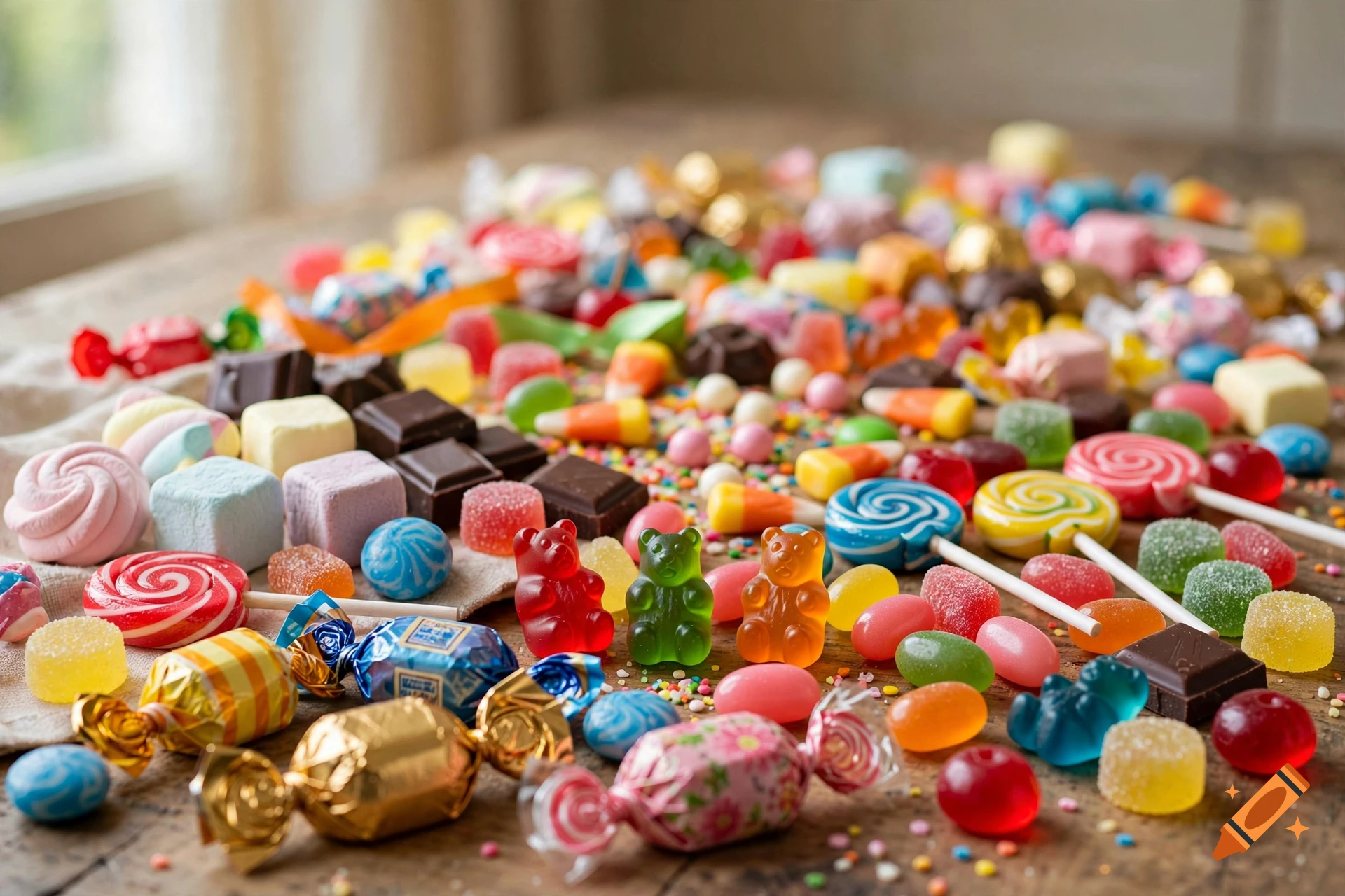 A colorful variety of assorted candies, gummy bears, and lollipops scattered on a wooden table.