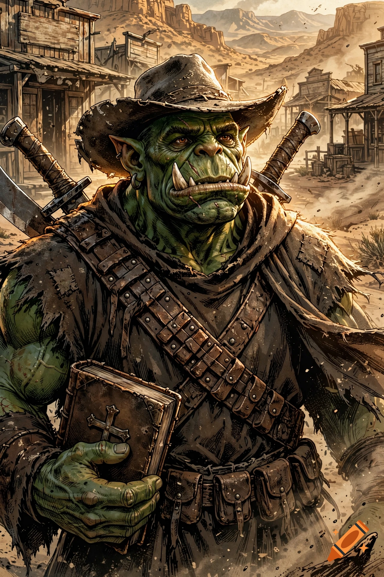 Comic book style illustration of a muscular green orc wearing a cowboy hat and monk's robe, holding a prayer book in a western desert town.