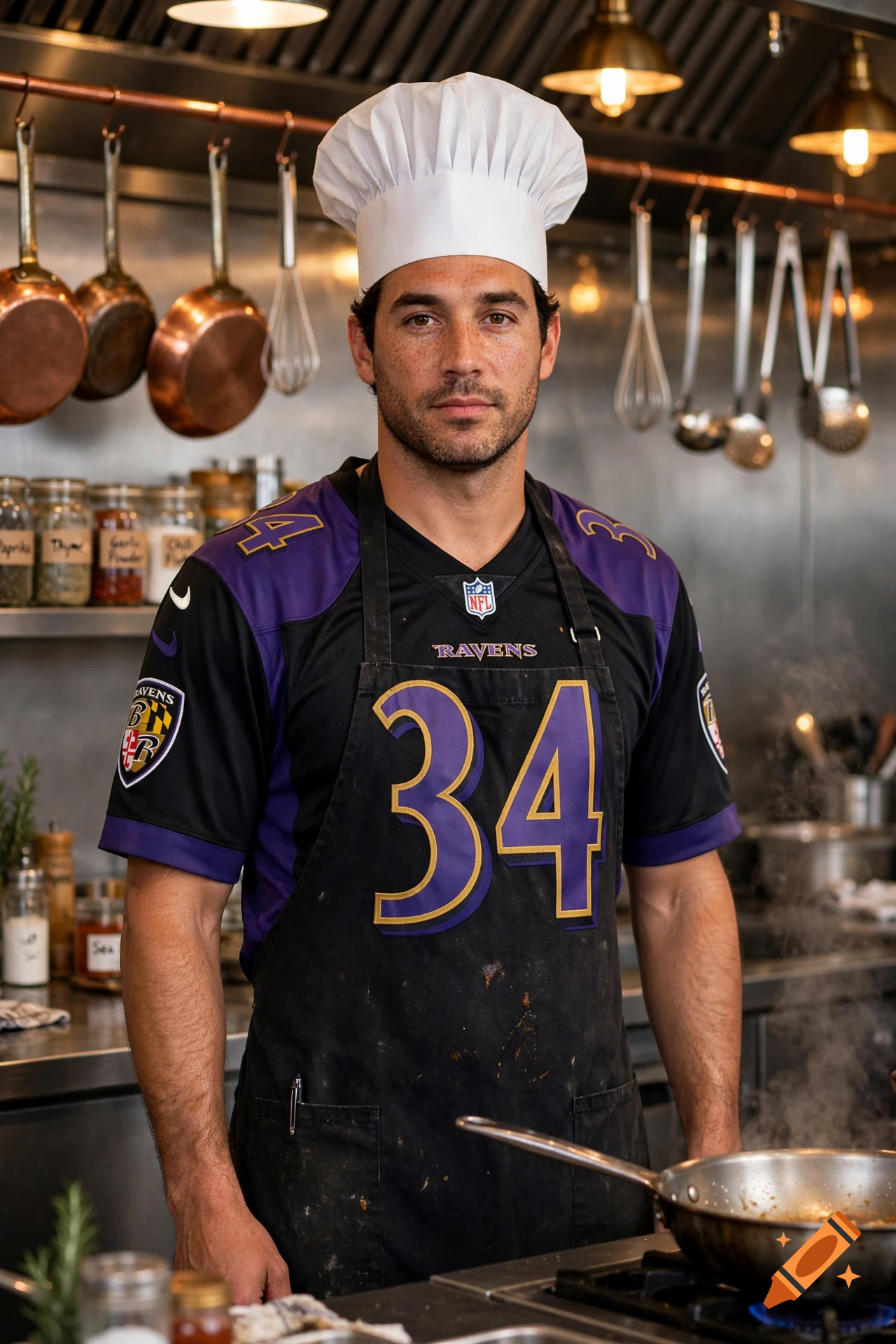 Photorealistic portrait of a male chef wearing a chef's hat and an NFL Baltimore Ravens jersey in a commercial kitchen.