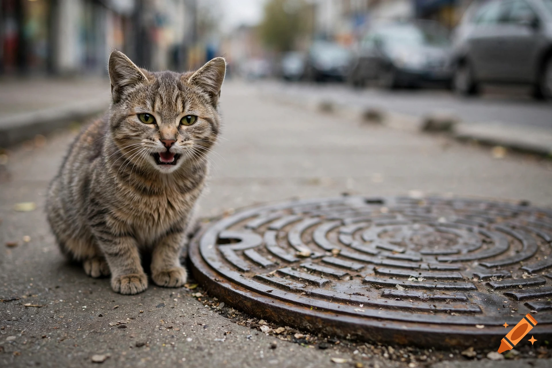 A small tabby cat sitting on a city pavement next to a manhole cover, looking at the camera with a meowing expression.
