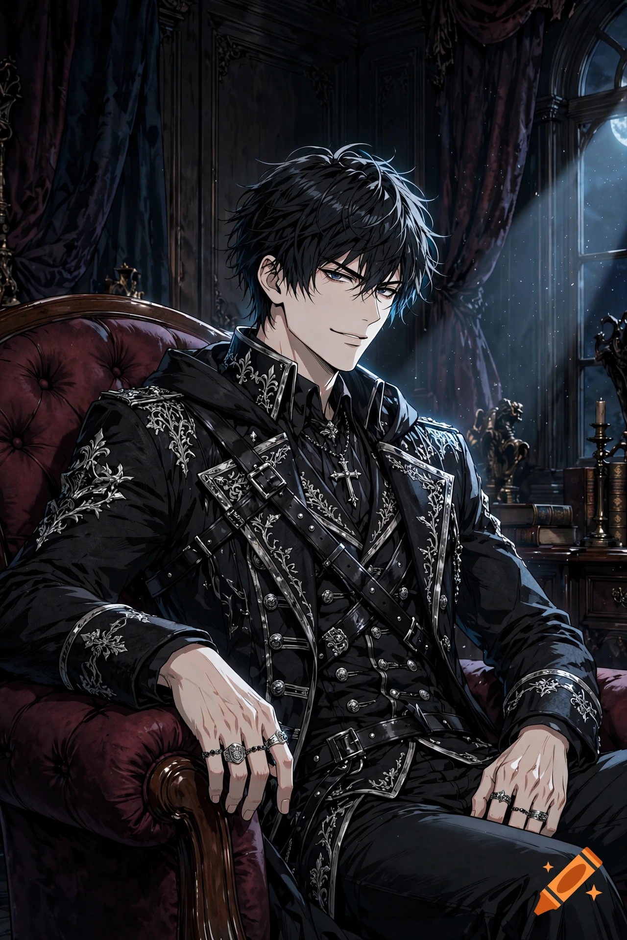 An anime man with black hair and a smirk, wearing a gothic military coat, seated in a tufted burgundy armchair in a Victorian room.
