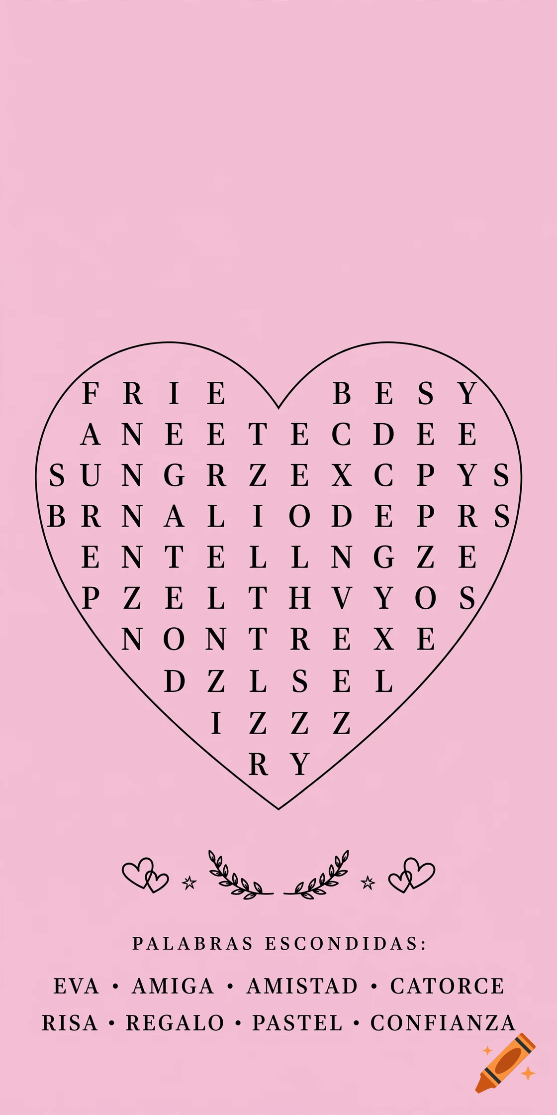 Pink vertical graphic design featuring a heart-shaped word search and a list of friendship-related words in Spanish.