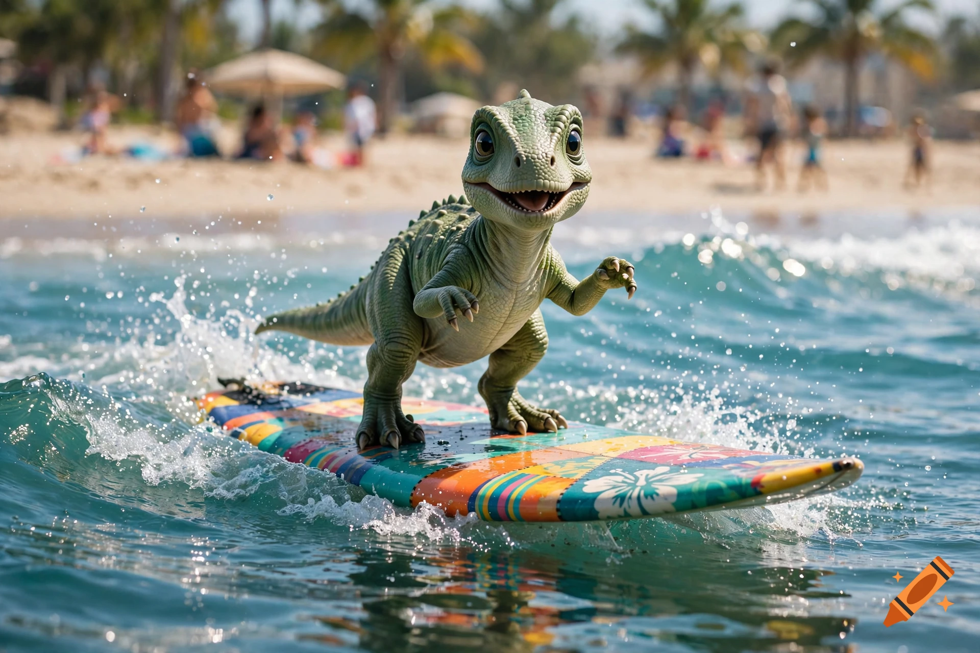 Photorealistic image of a cute green dinosaur surfing on a colorful board in ocean waves at a beach with people in the background.