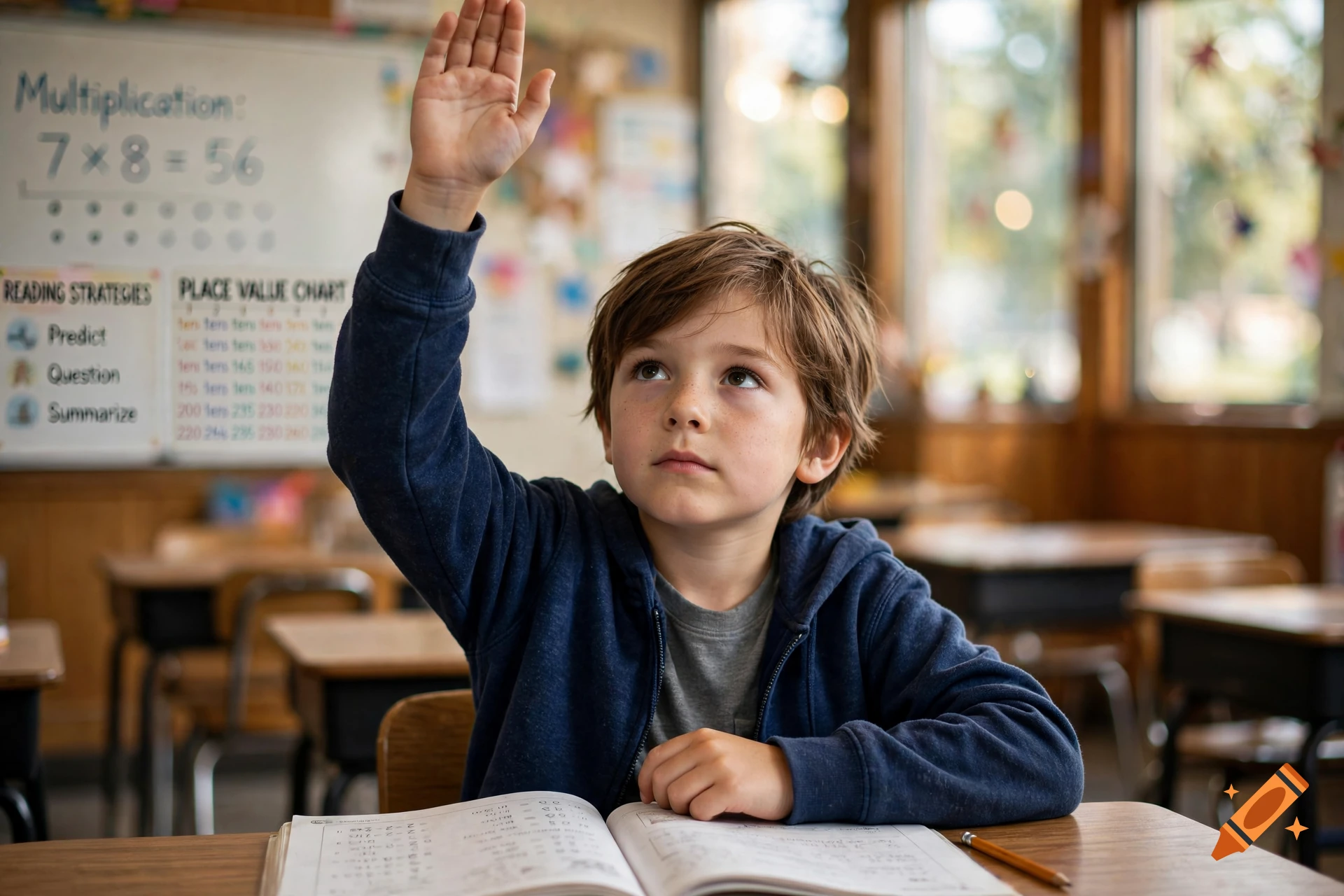 Photorealistic image of a young boy with brown hair in a classroom, raising his hand to answer a question.