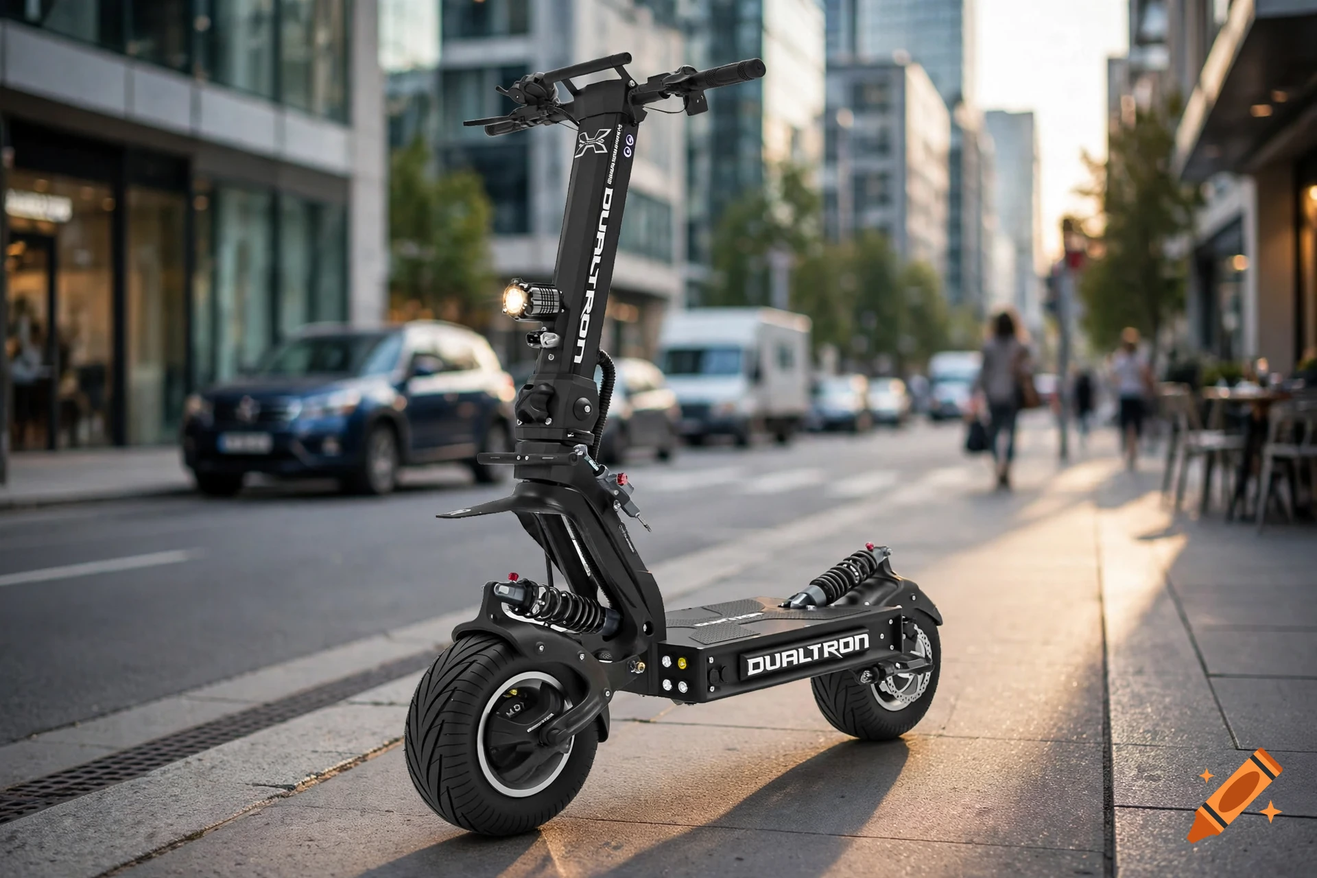 Photorealistic image of a Dualtron electric scooter parked on a city sidewalk.