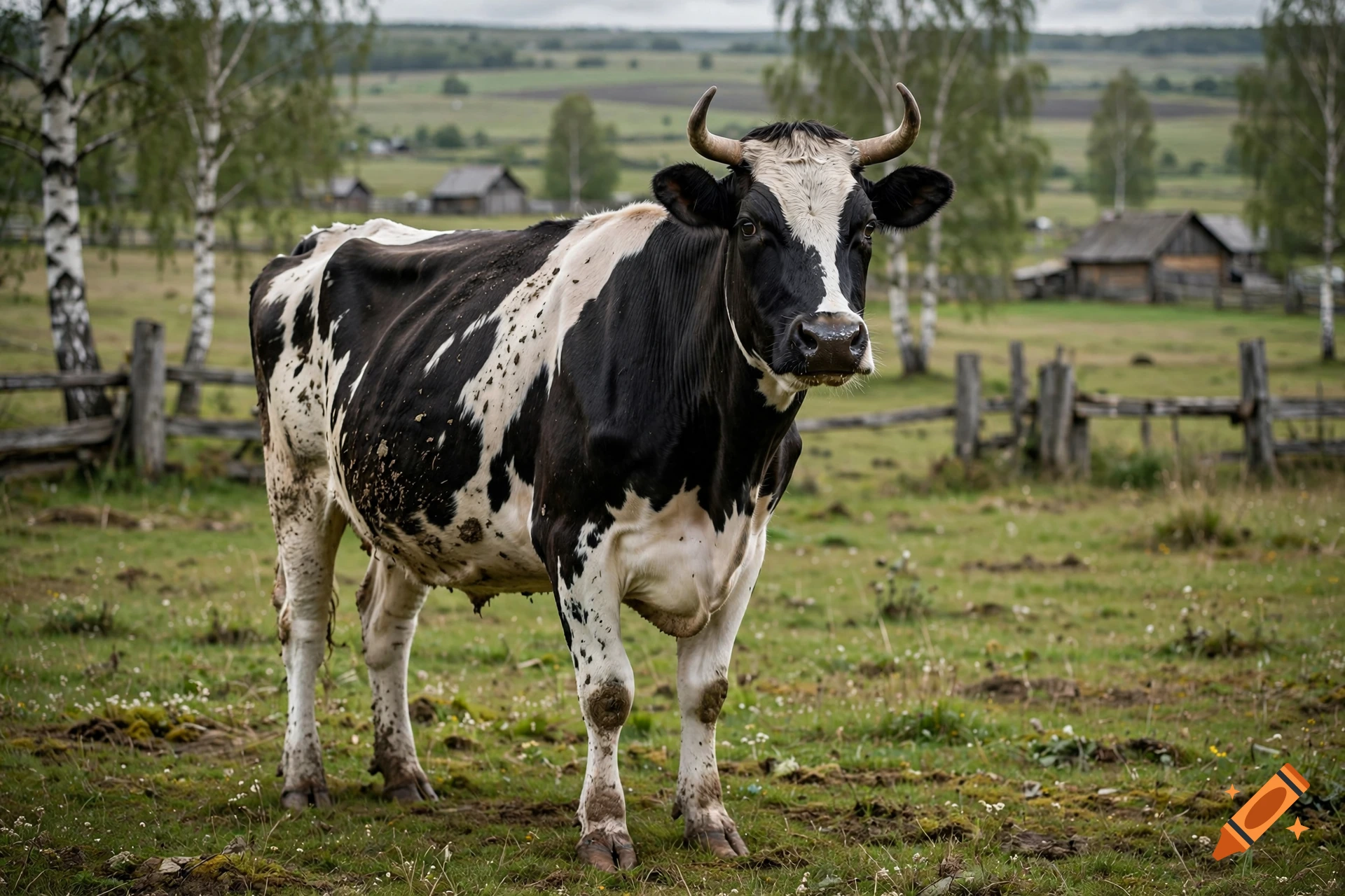 A photorealistic black and white cow standing in a grassy field with a rustic wooden fence and old houses in the background.