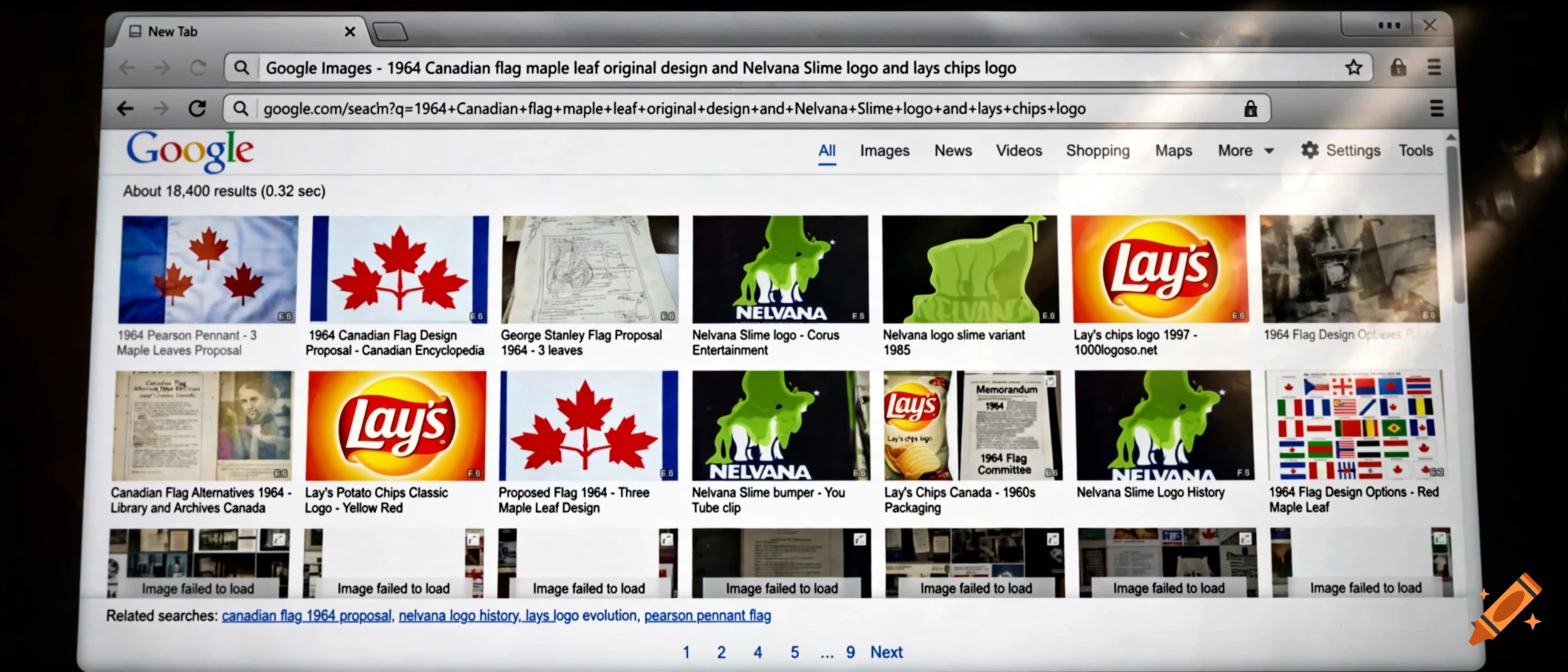 A computer screen displaying a Google Images search results page for historical Canadian flags, Nelvana slime, and Lay's chips logos.