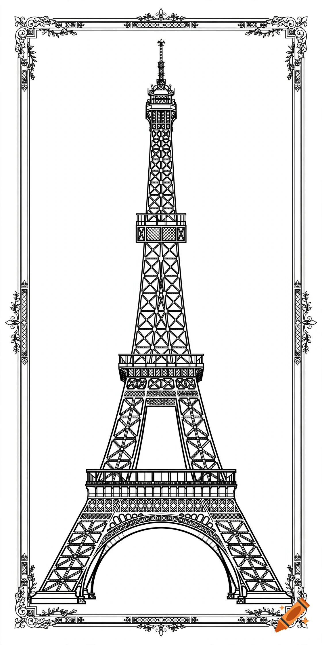 Black and white line art vector template of the Eiffel Tower inside an ornate decorative border.