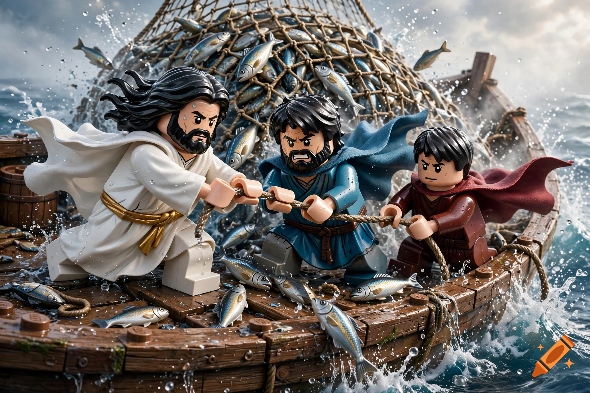 Lego movie style 3D render of Jesus, Peter, and John pulling a heavy fishing net full of fish in a wooden boat during a storm.