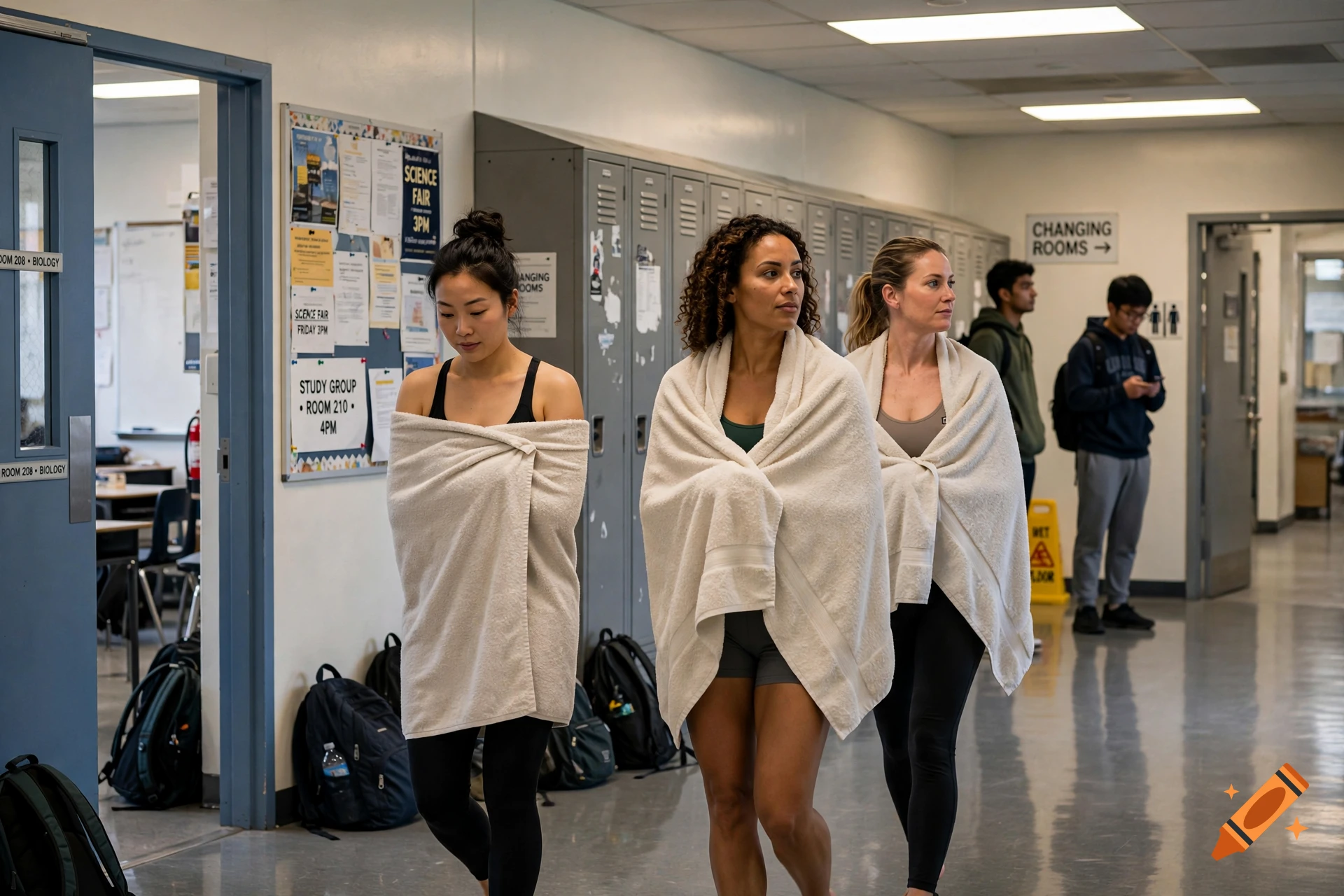 Photorealistic image of three women wrapped in white towels walking down a school hallway past lockers, with male students in the background.