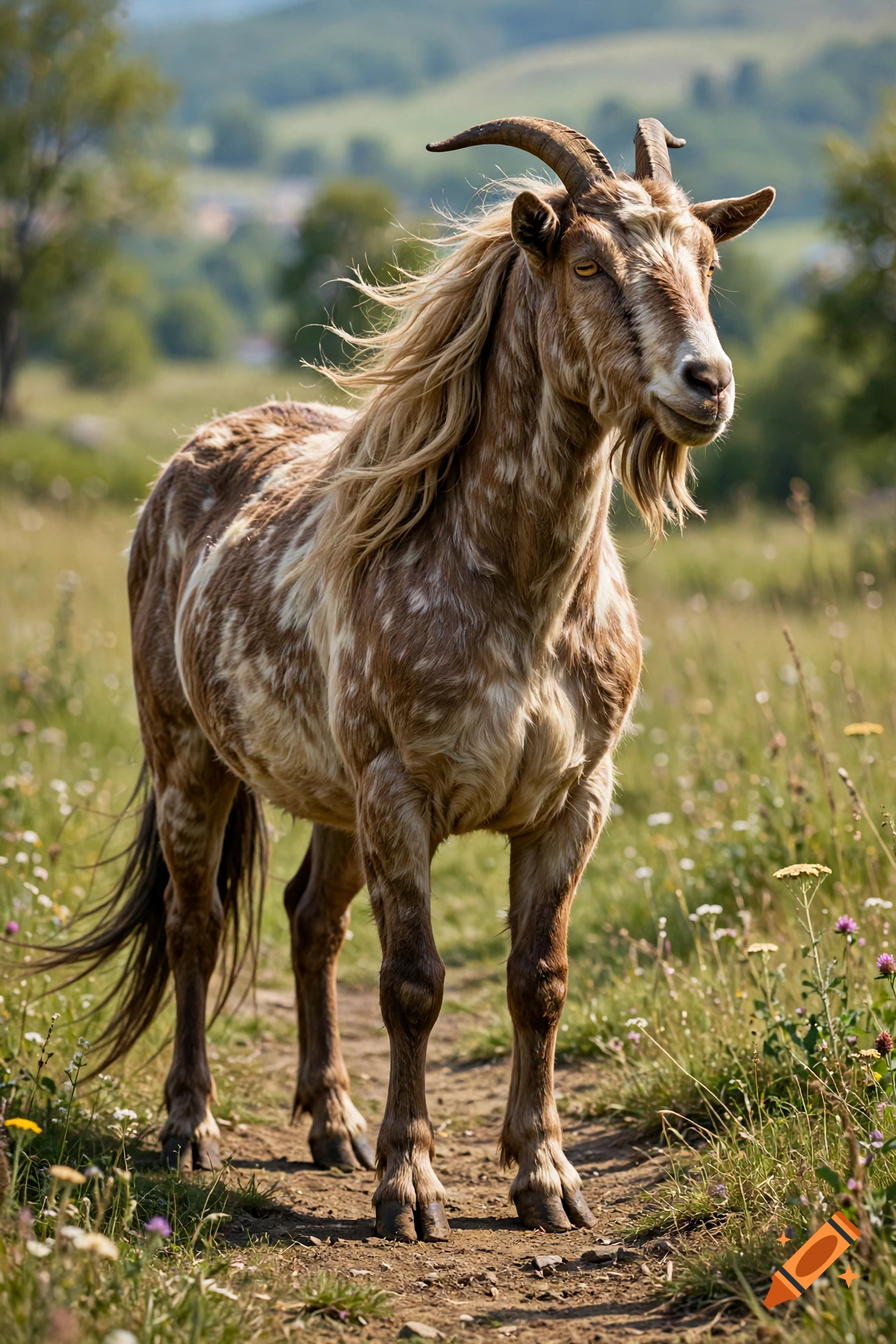 Photorealistic hybrid creature with the body of a horse and the head, horns, and beard of a goat, standing in a grassy meadow.