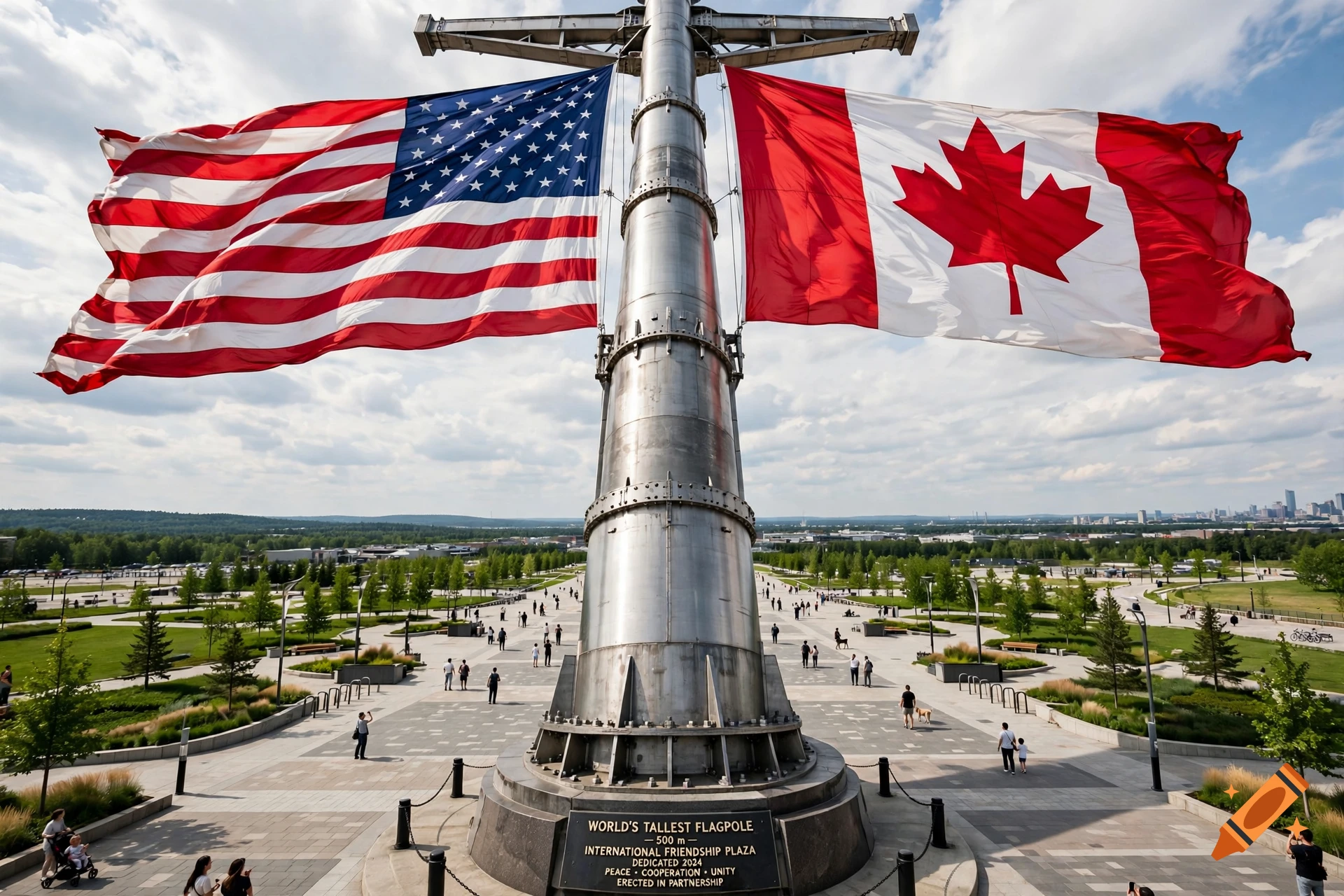 Photorealistic view of a massive flagpole featuring American and Canadian flags flying above an international friendship plaza.