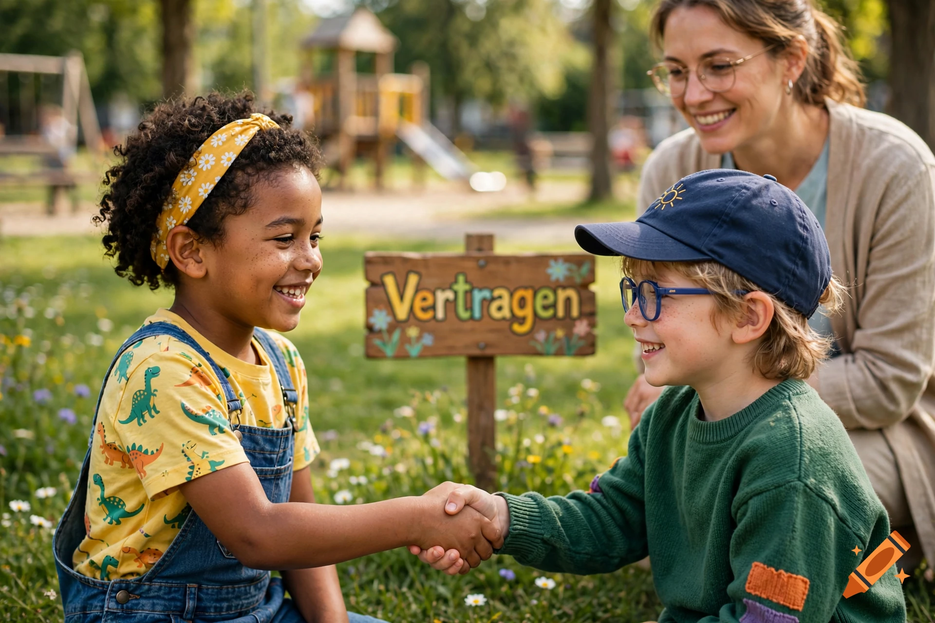 Photorealistic image of two young children shaking hands and smiling at a park, with a wooden sign reading 'Vertragen' and an adult watching in the background.