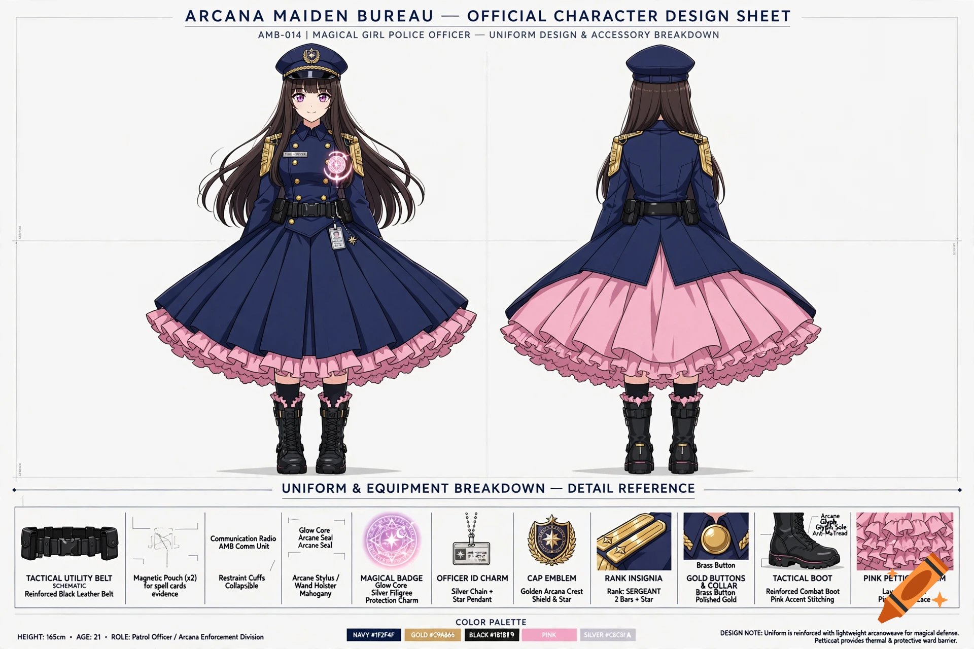 Official anime-style character design sheet and uniform guide for a magical girl police officer.