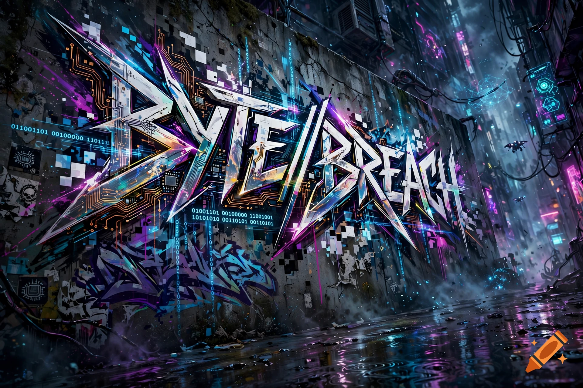 Cyberpunk graffiti art reading 'BYTE/BREACH' on a wet city alley wall with neon lights and digital binary code, digital illustration.