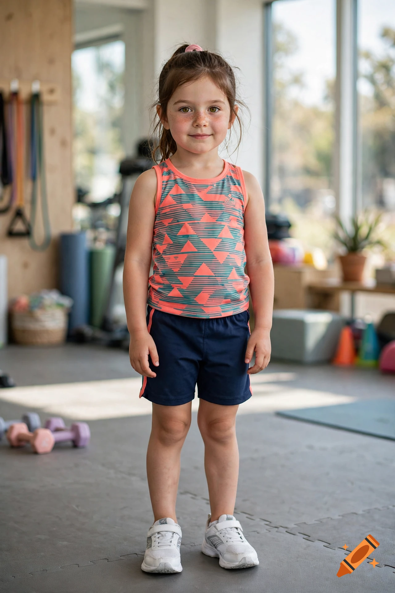 Photorealistic full-body portrait of a young girl standing in a gym with dumbbells on the floor.