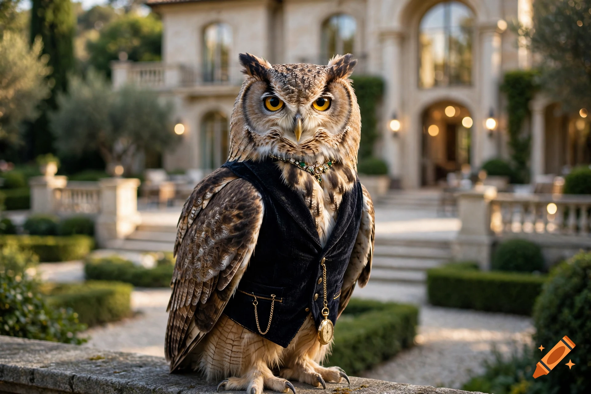 Photorealistic owl wearing a velvet vest with a pocket watch, perched outdoors with a luxury mansion in the background.
