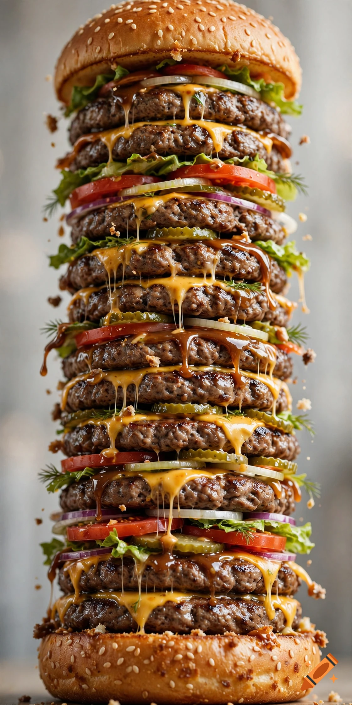 Photorealistic image of a towering vertical burger with numerous patties, cheese, lettuce, tomatoes, and sauce between two sesame seed buns.
