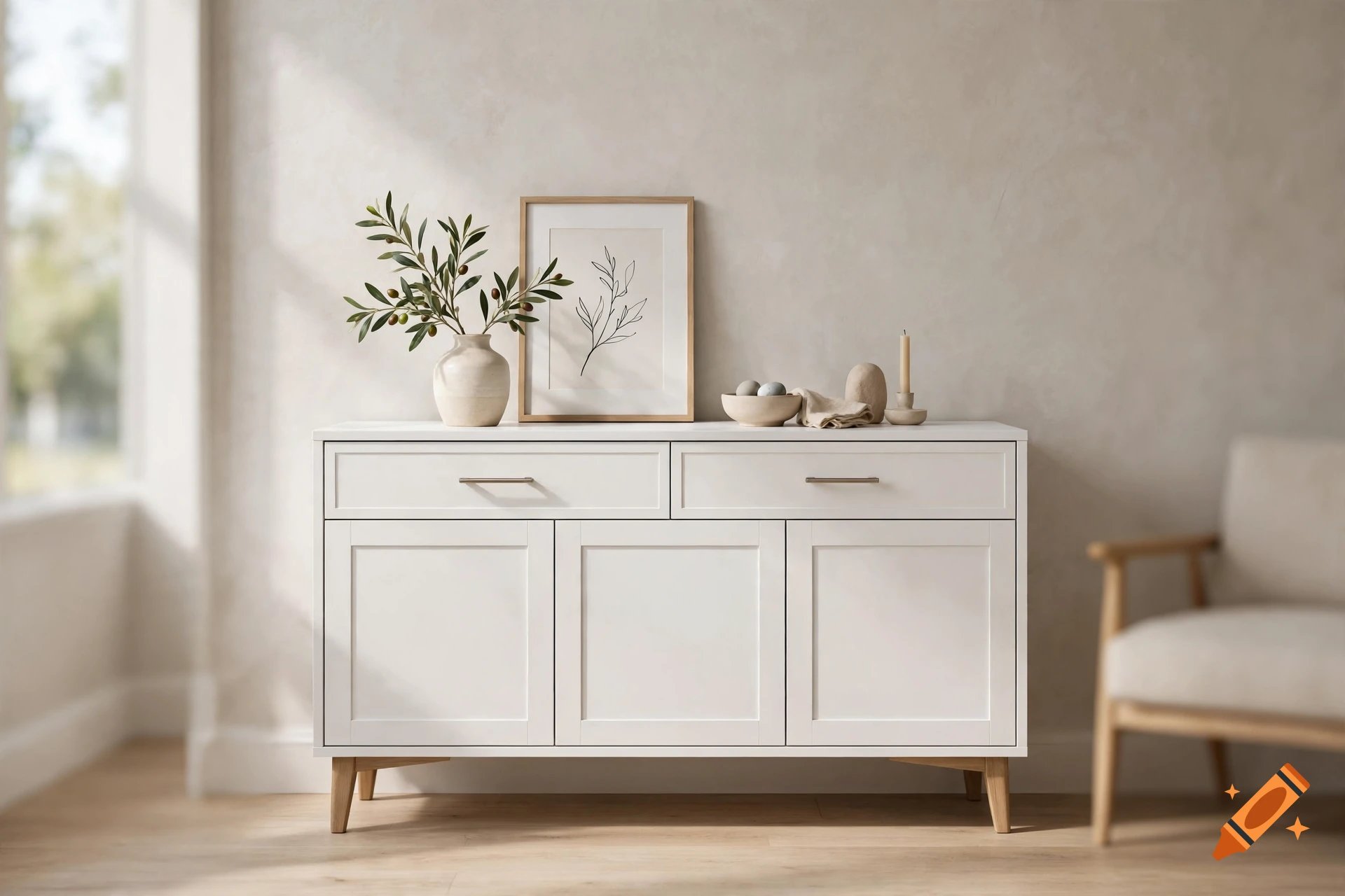 Photorealistic interior view of a white sideboard with a vase of olive branches, a botanical framed art print, and decor items.