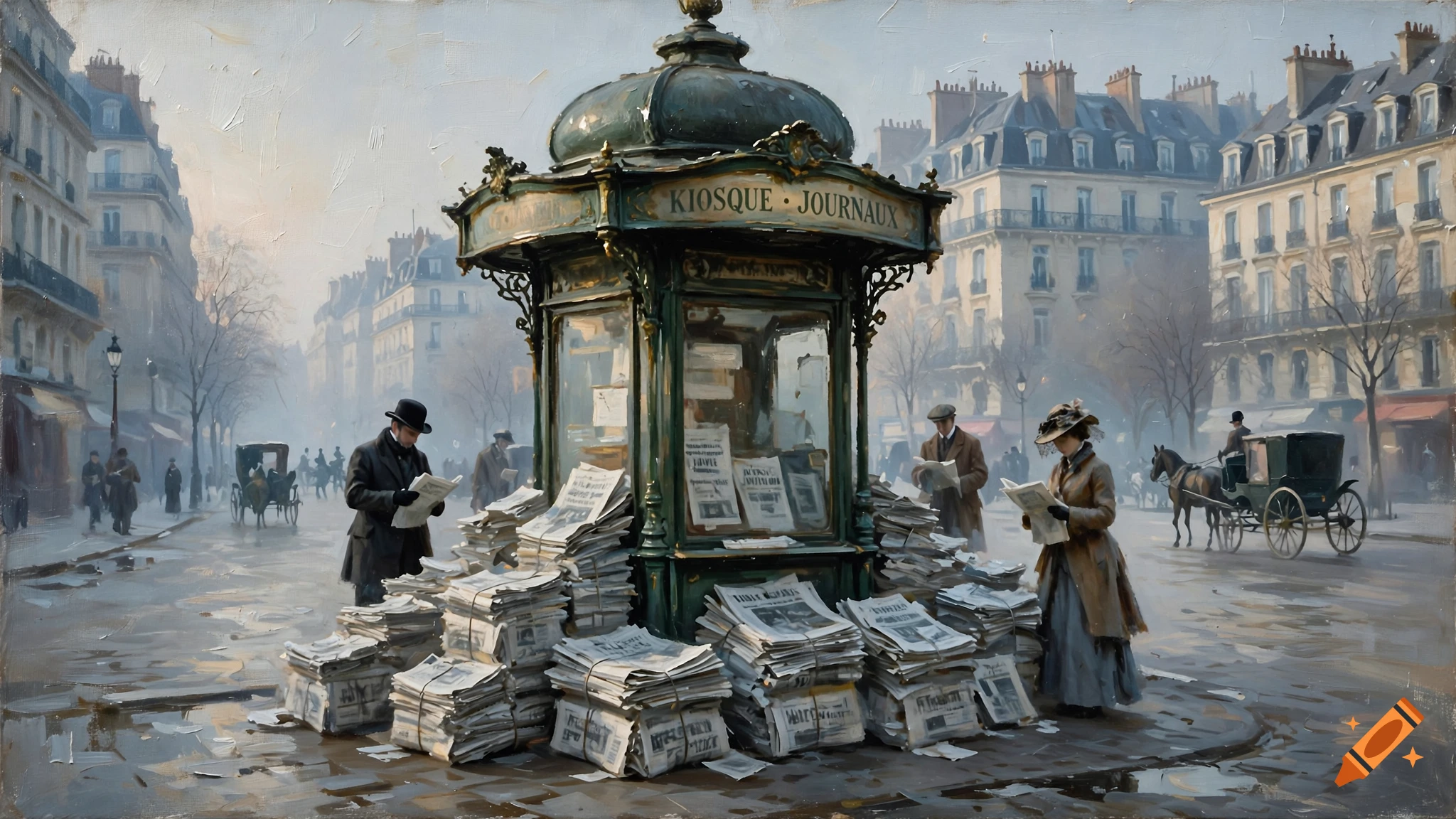 Oil painting of a Parisian street in 1911 with people reading newspapers around a kiosk, muted ochre and blue-gray tones.