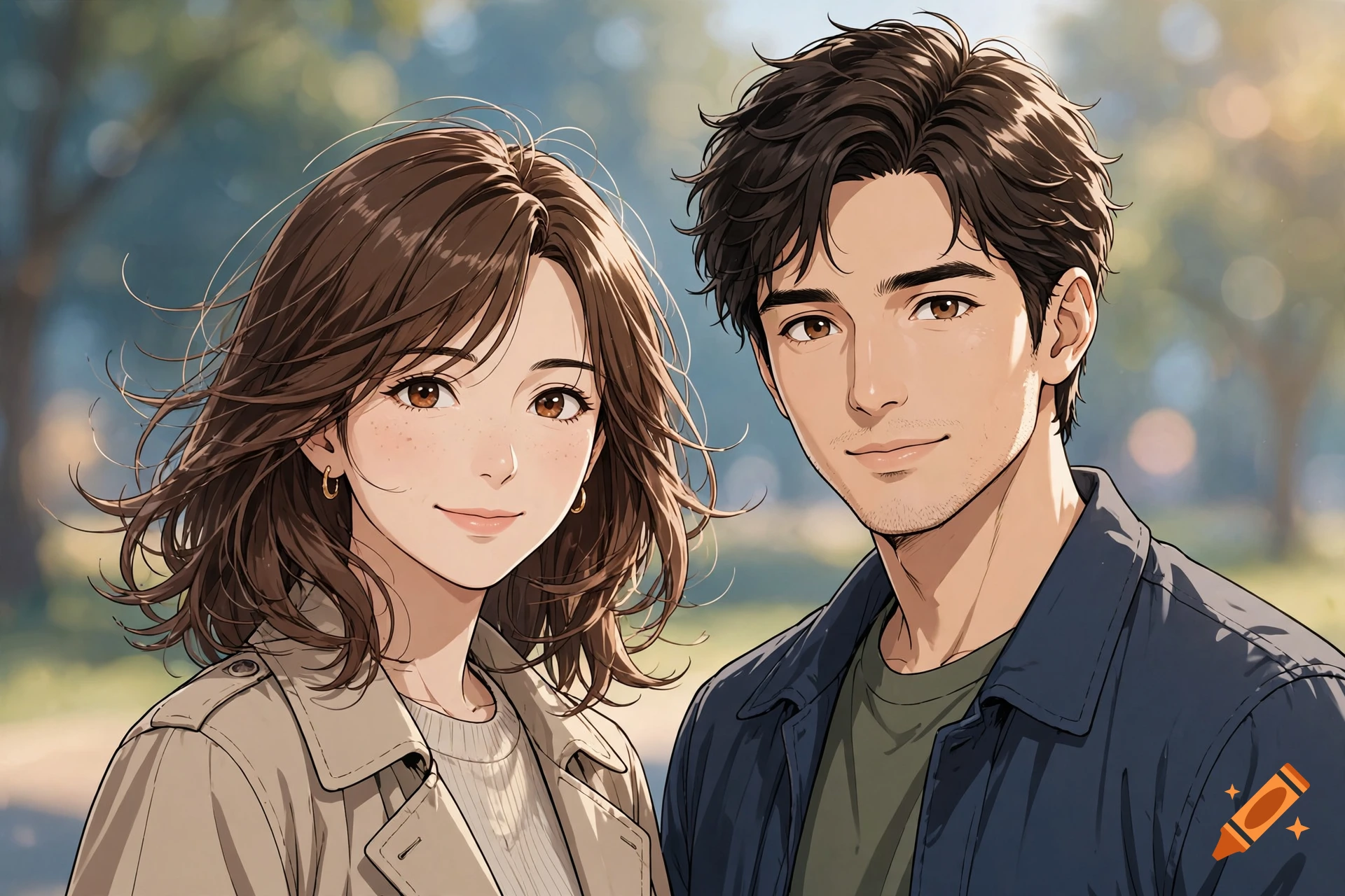 Anime style portrait of a smiling young woman and man outdoors with blurred background.
