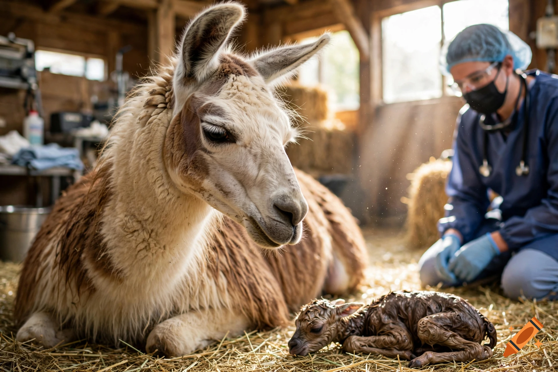 Photorealistic image of a mother llama resting in a barn with her newborn baby, while a veterinarian in protective gear observes nearby.