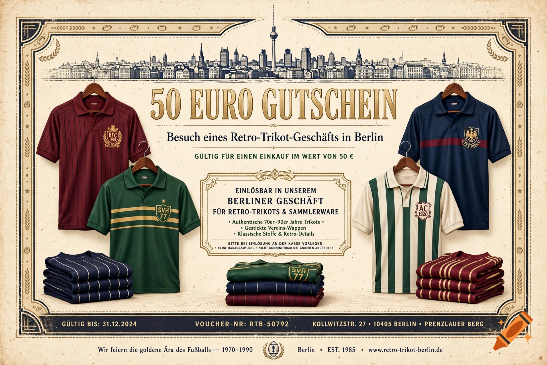 Vintage style promotional voucher for a Berlin retro football shirt store, featuring polo shirts and a cityscape.