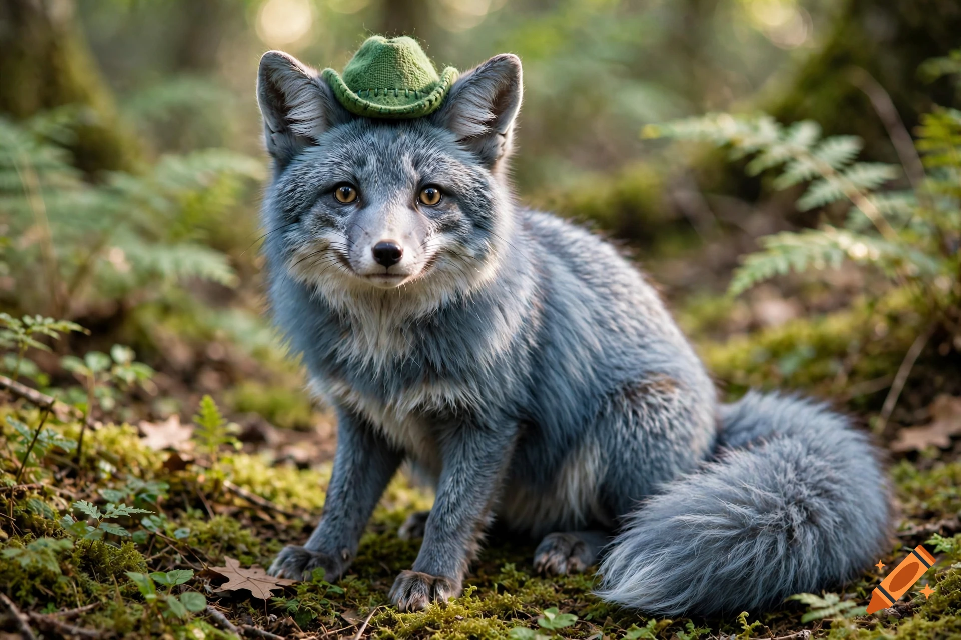 Photorealistic image of a cute blue fox wearing a tiny green hat, sitting in a mossy forest.
