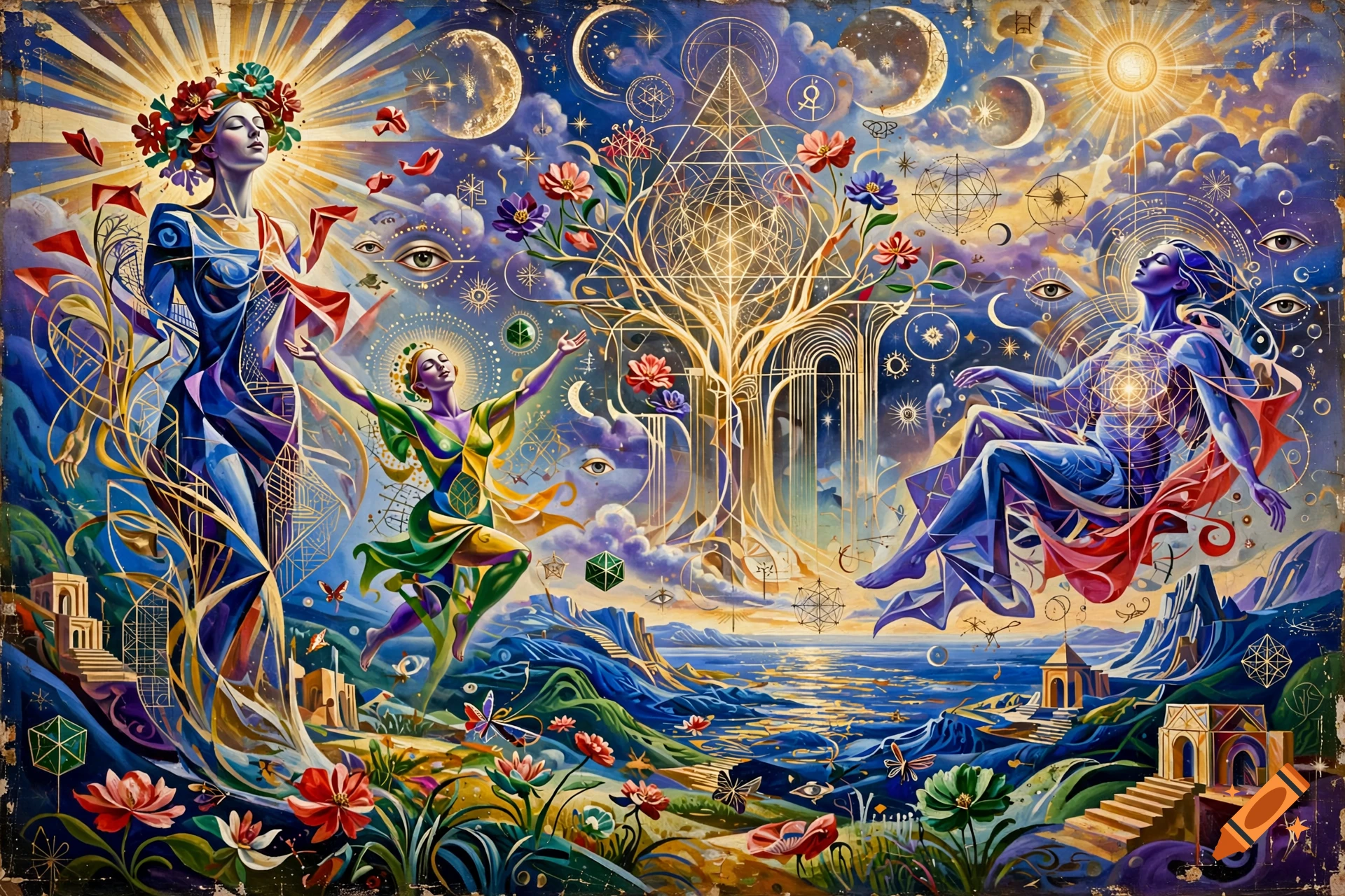 Surrealist painting featuring mystical figures, floating moons, glowing trees, and cosmic elements in a vibrant, colorful style.