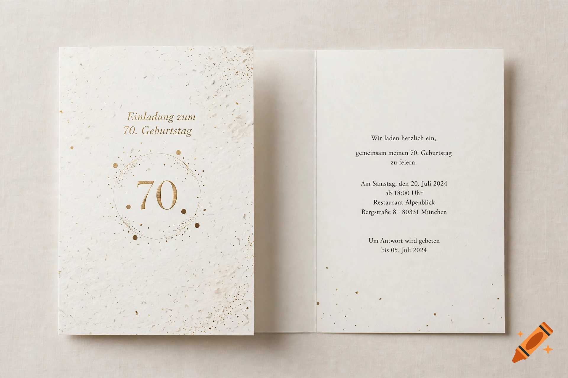 An open double-sided cream-colored invitation card for a 70th birthday with gold typography and confetti on handmade paper.