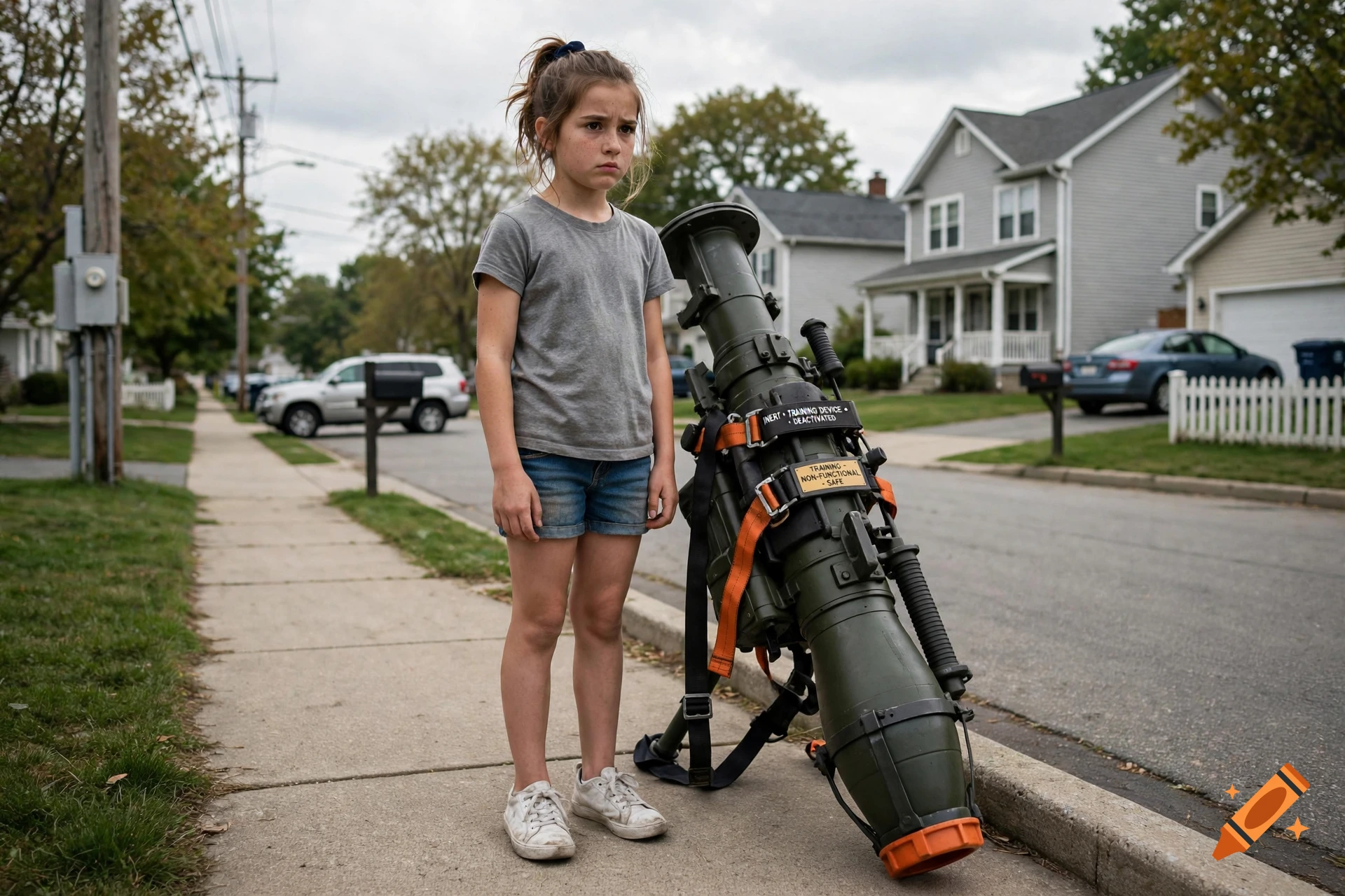 Photorealistic image of a young girl standing on a suburban sidewalk next to a training rocket launcher.