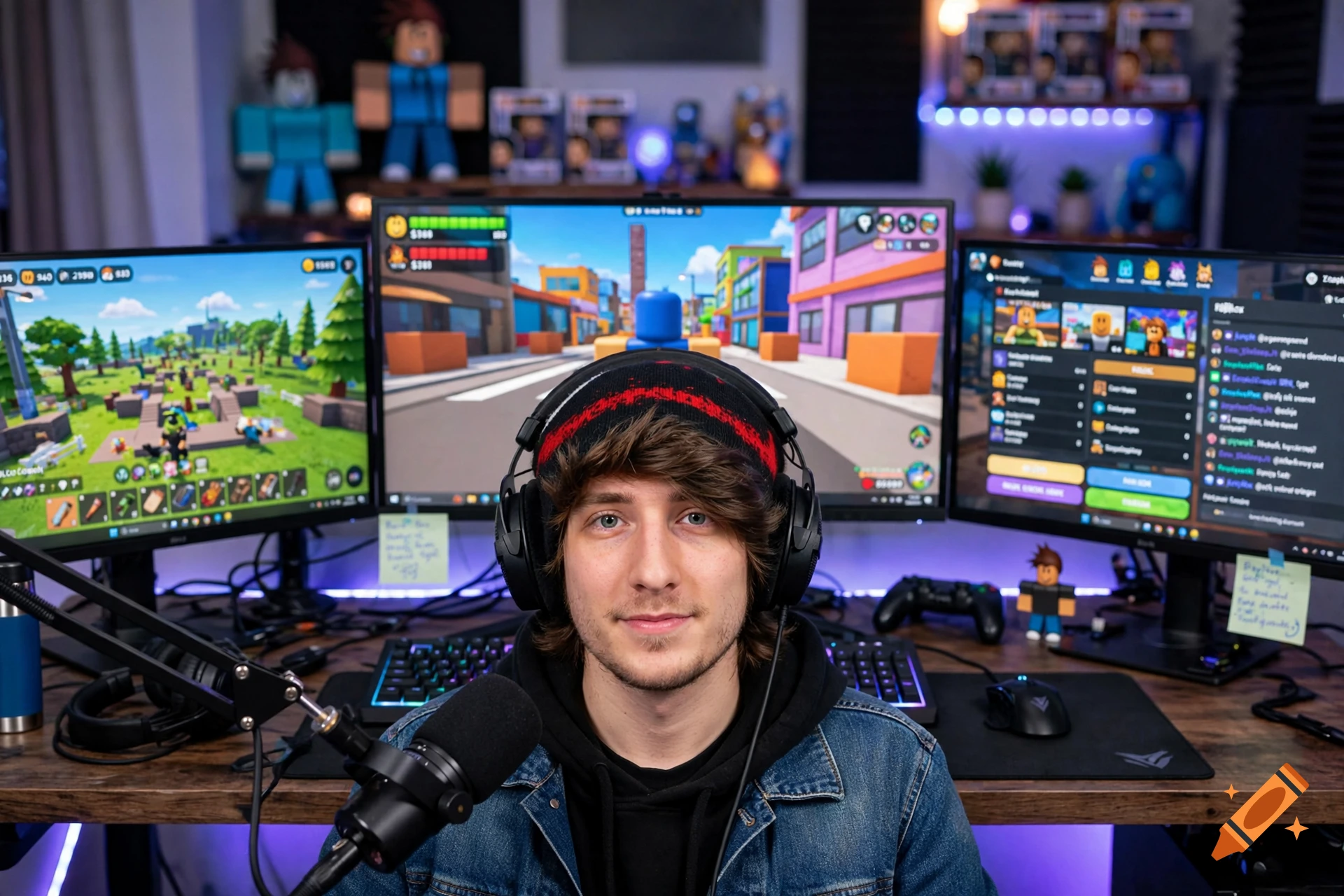 Photorealistic portrait of a young male streamer with a beanie and headphones in a gaming setup with three monitors.