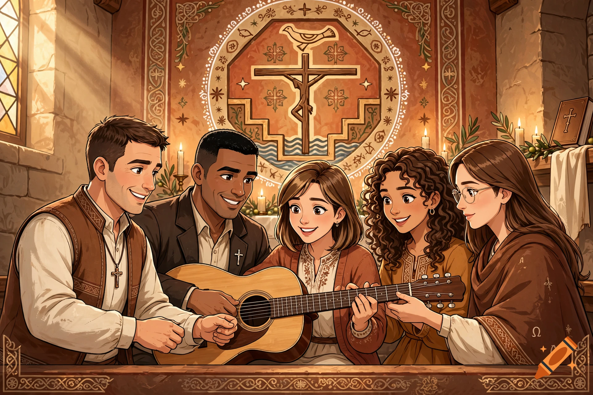 Animated illustration of five diverse people playing a guitar together in a church.