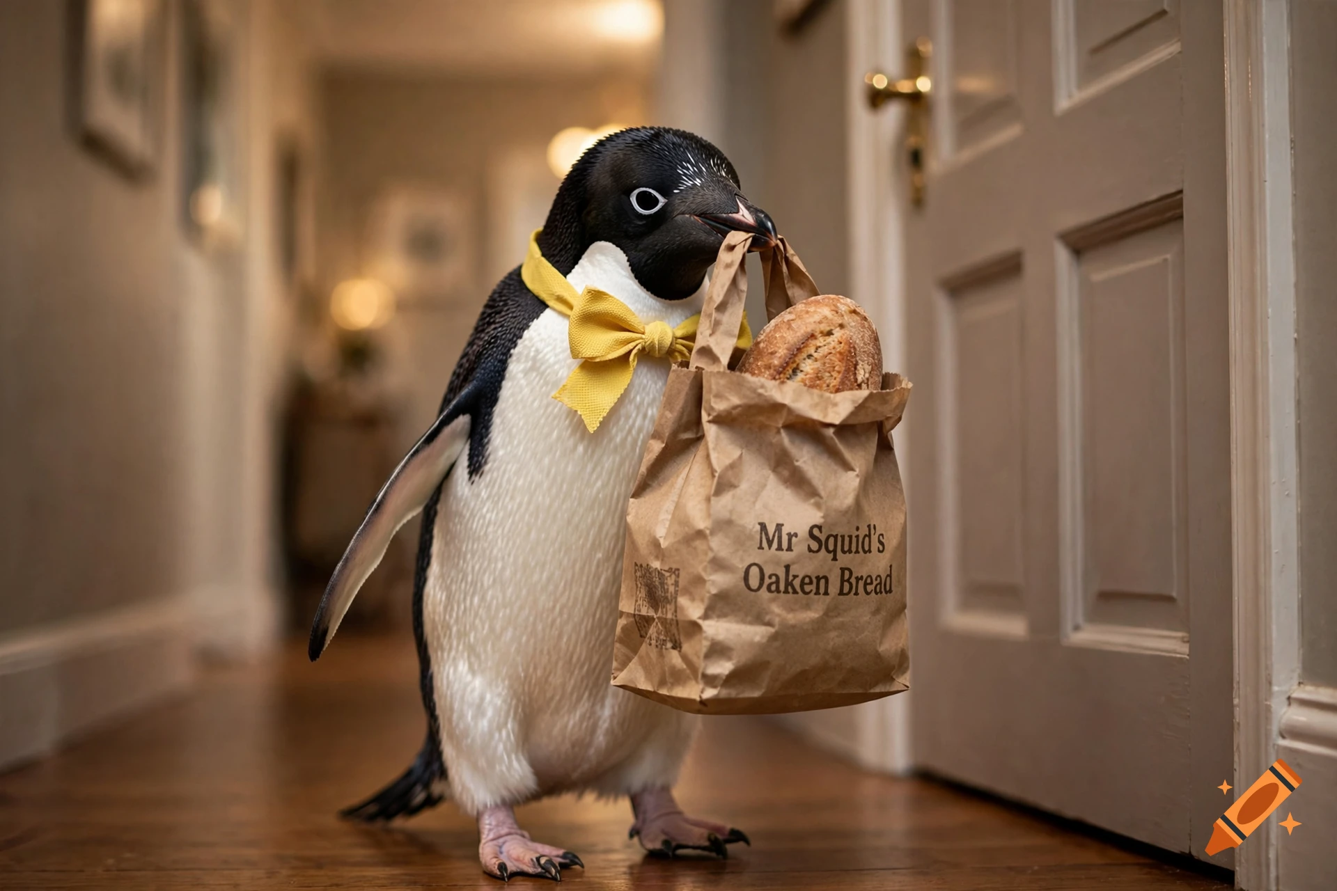 An adelie penguin wearing a yellow bow tie holding a paper grocery bag with text in a hallway, photorealistic.