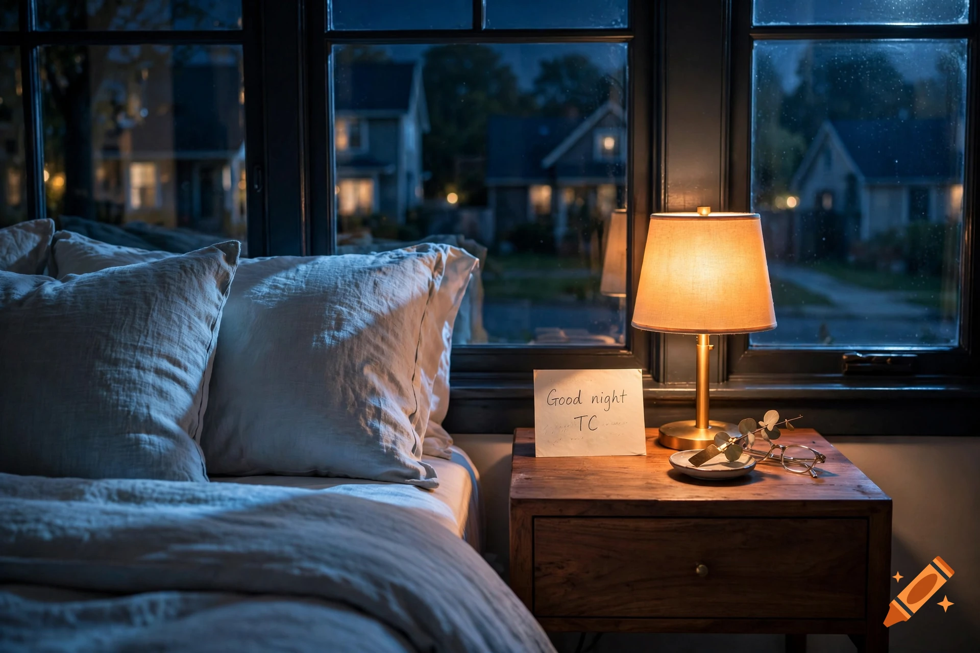 Photorealistic nighttime view of a cozy bedroom with a glowing bedside lamp, a note reading Good night TC, and houses visible through the window.