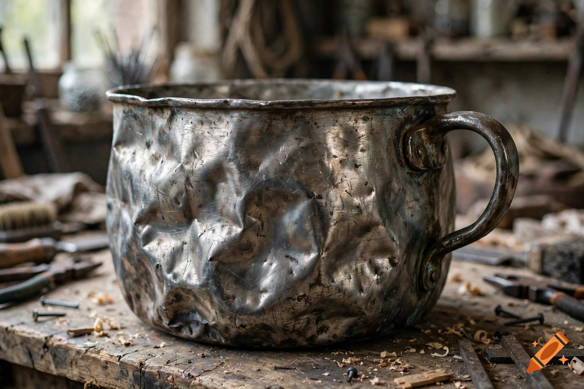 Photorealistic close-up of a heavily dented and weathered old metal pot with a handle on a wooden workbench.