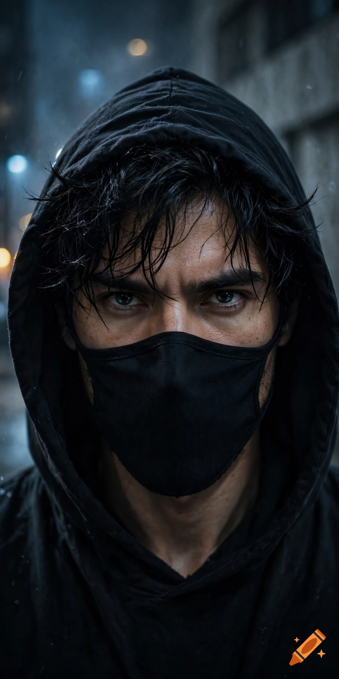 Photorealistic close-up portrait of a young man with dark hair wearing a black hoodie and a black face mask, looking intensely at the camera.