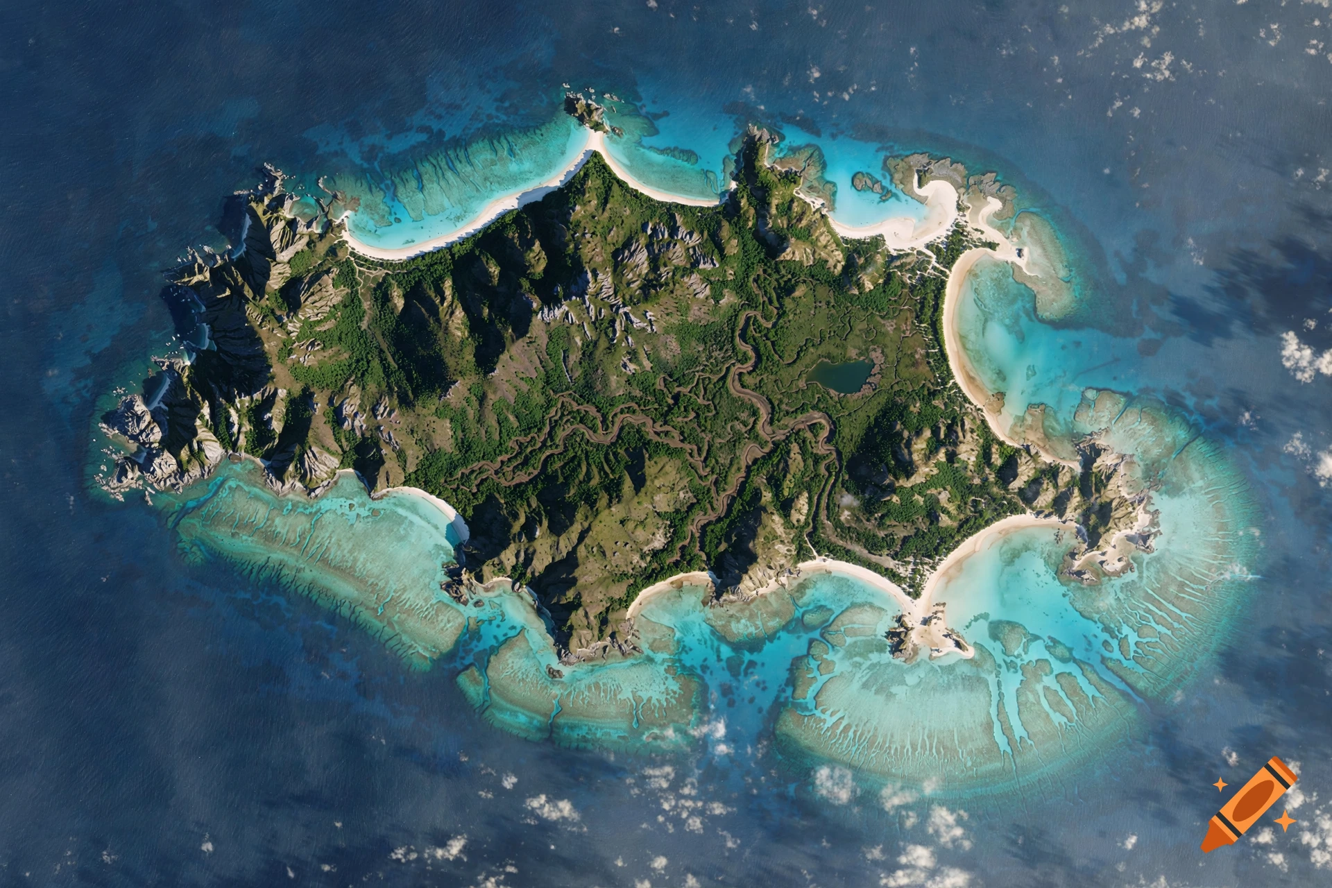 Photorealistic aerial view of a lush tropical island with white sand beaches and coral reefs in turquoise water.