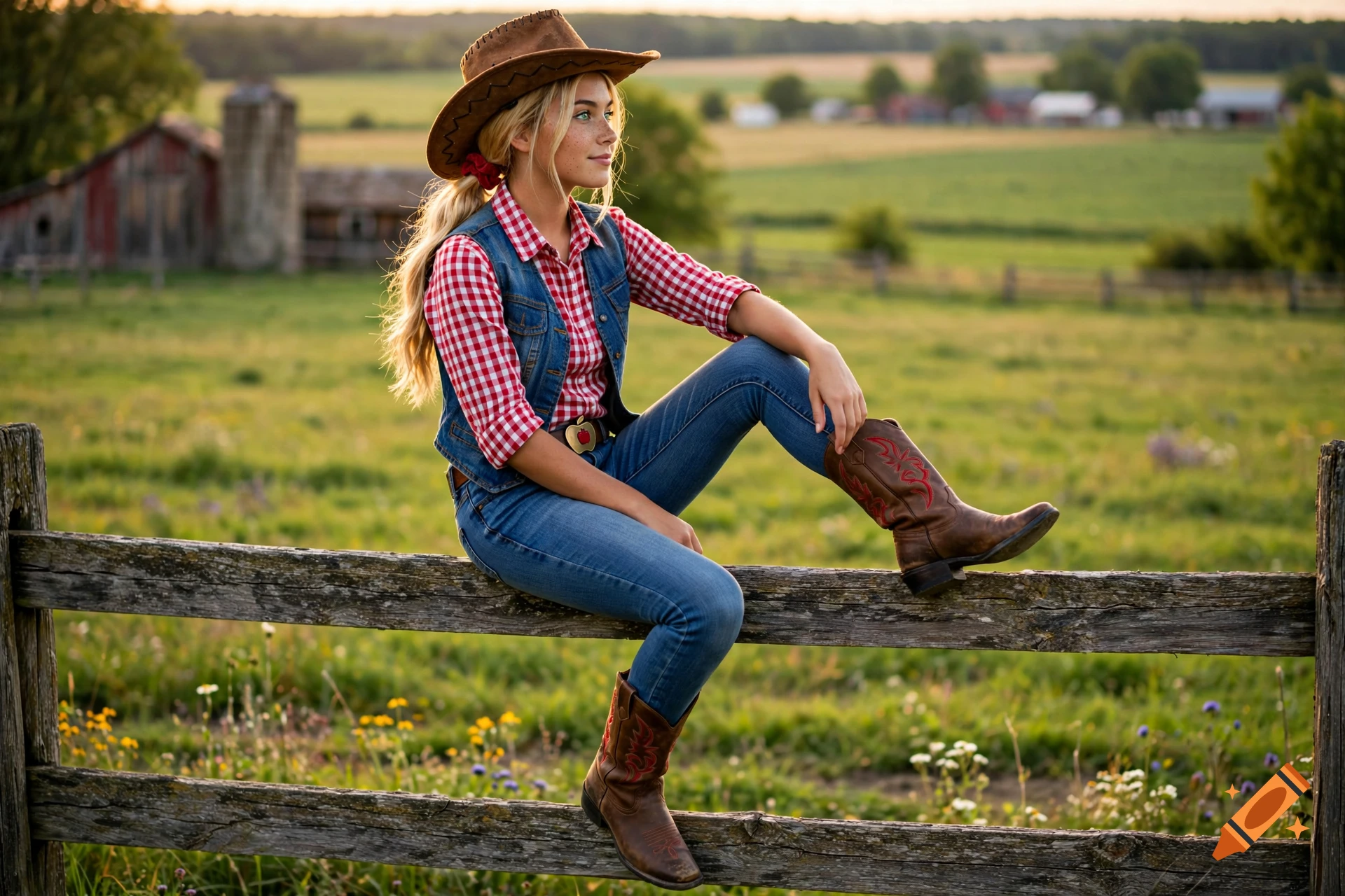 Photorealistic image of a young woman with blonde hair, a cowboy hat, and a plaid shirt sitting on a wooden fence in a countryside setting.