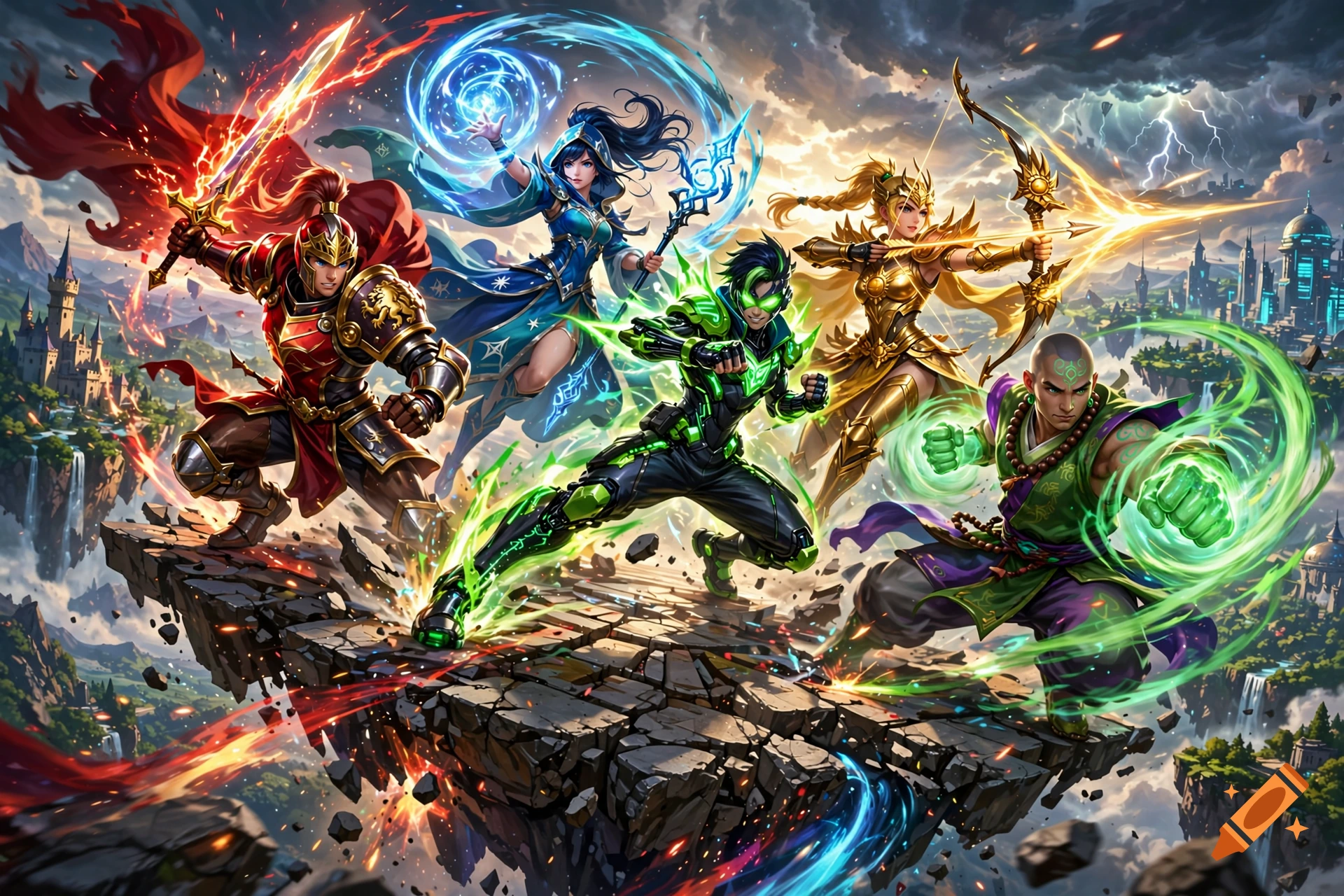 A dynamic fantasy artwork featuring five heroes with elemental powers posing on a floating stone platform amidst a dramatic sky.